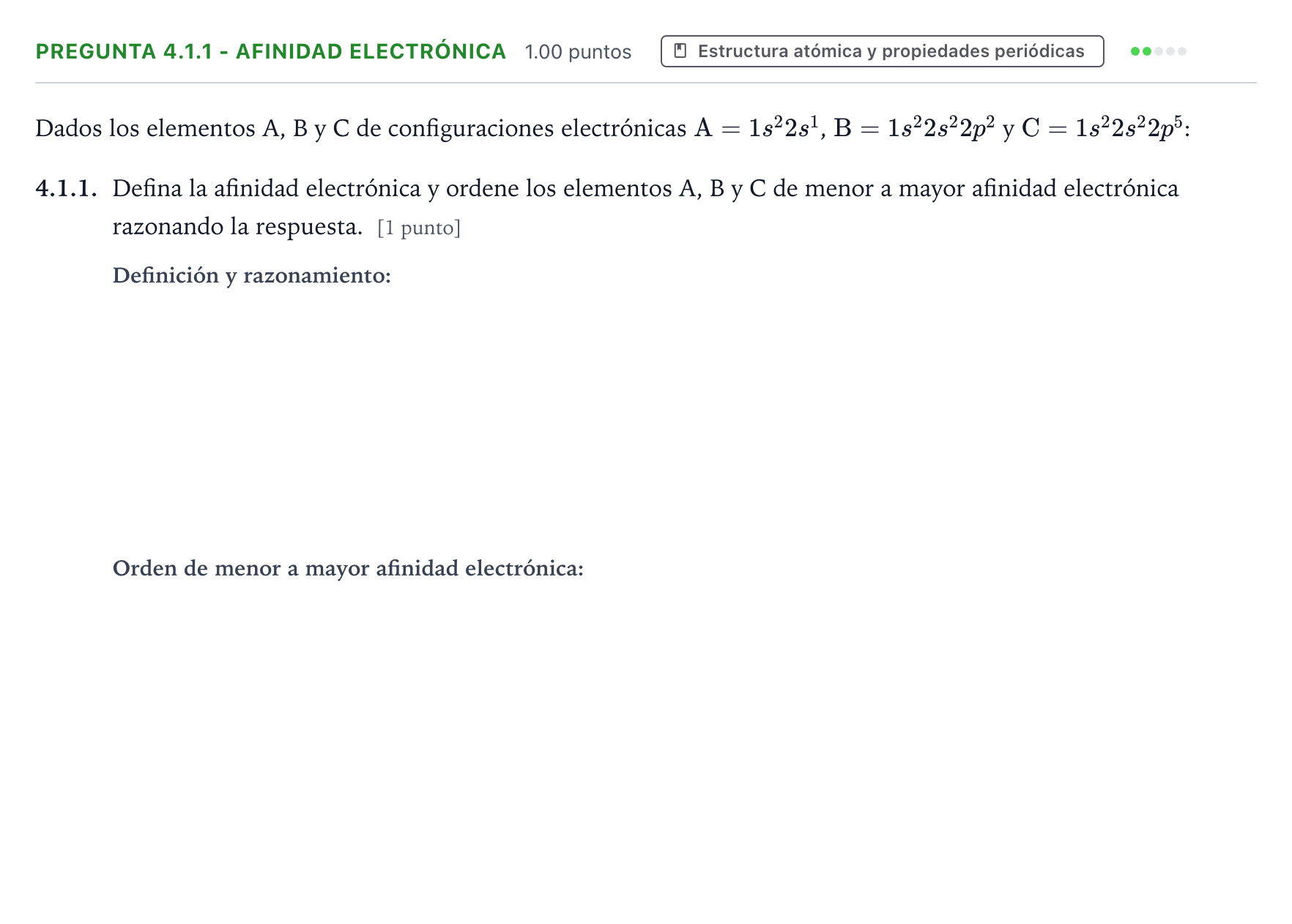 Enunciado: Pregunta 4.1.1 - Afinidad electrónica · Química PAU Galicia Extraordinaria 2026