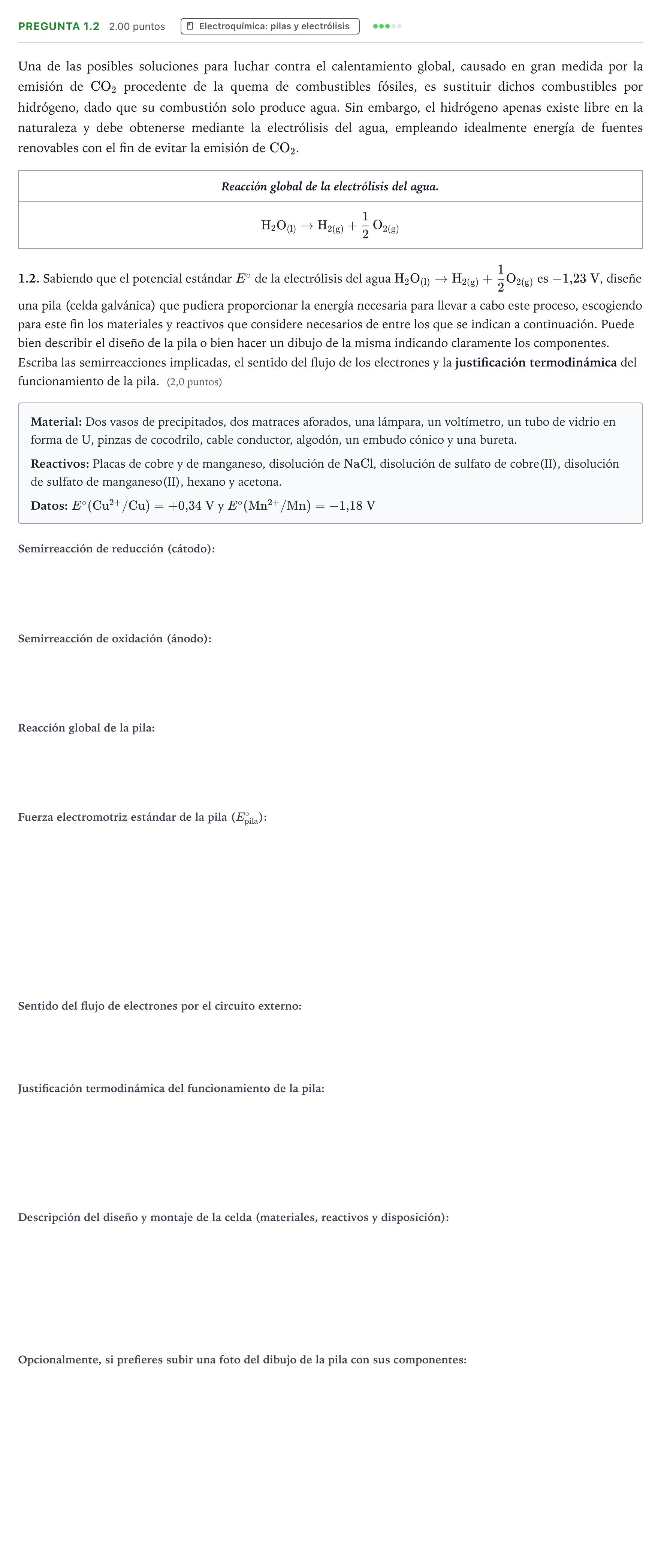 Enunciado: Pregunta 1.2 · Química PAU Galicia Ordinaria 2026
