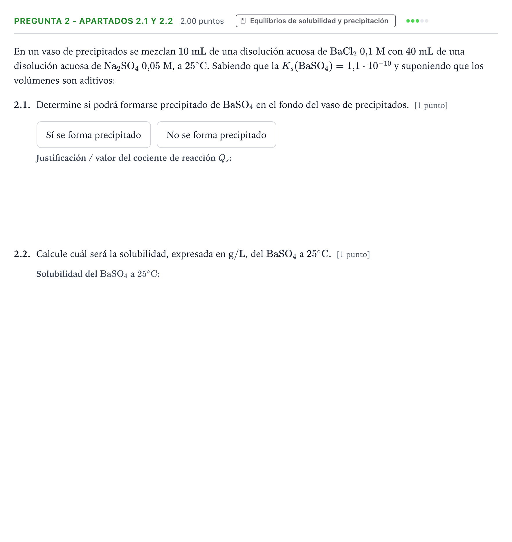 Enunciado: Pregunta 2 - Apartados 2.1 y 2.2 · Química PAU Galicia Ordinaria 2026