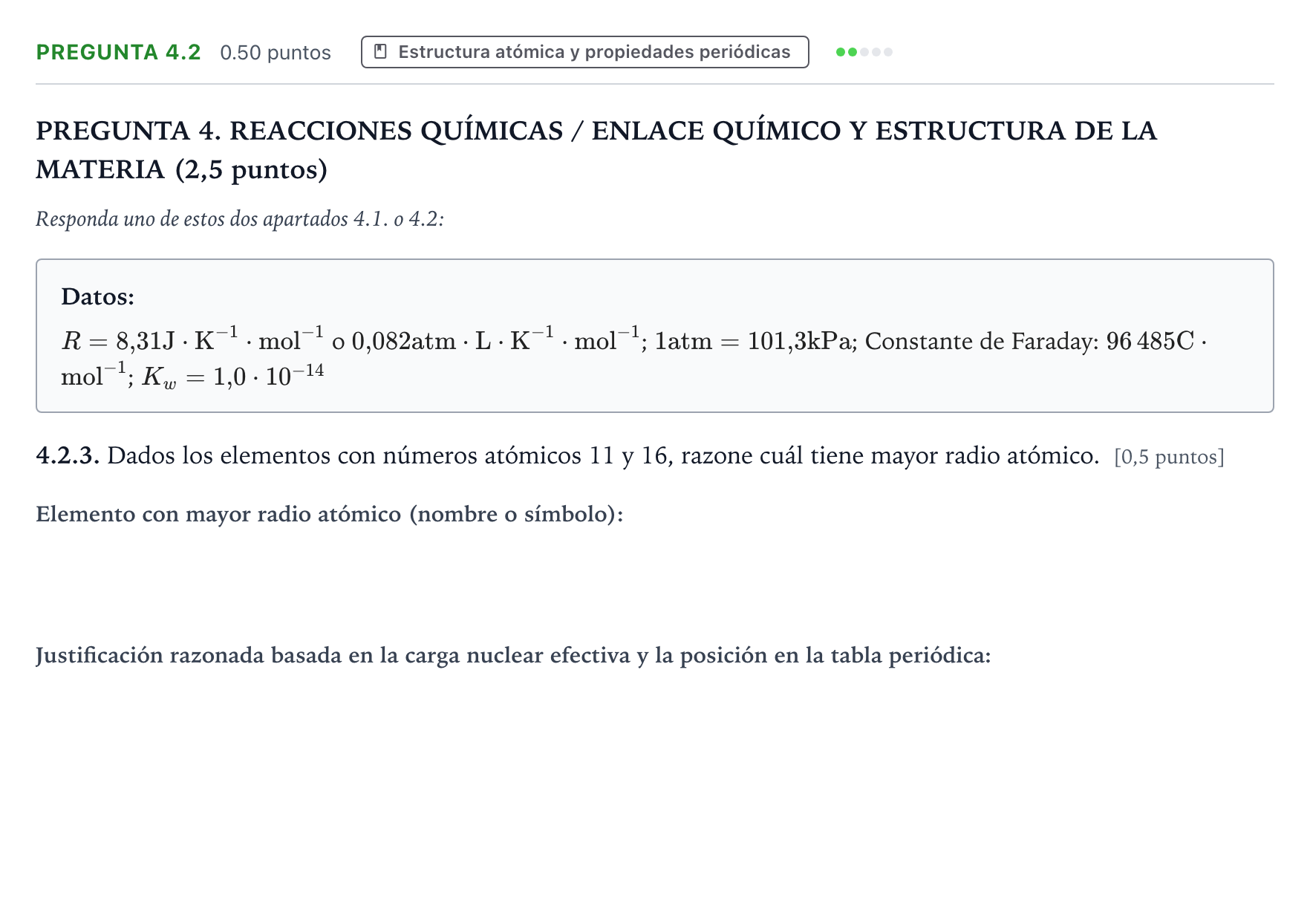 Enunciado: Pregunta 4.2 - Estructura atómica · Química PAU Galicia Ordinaria 2026