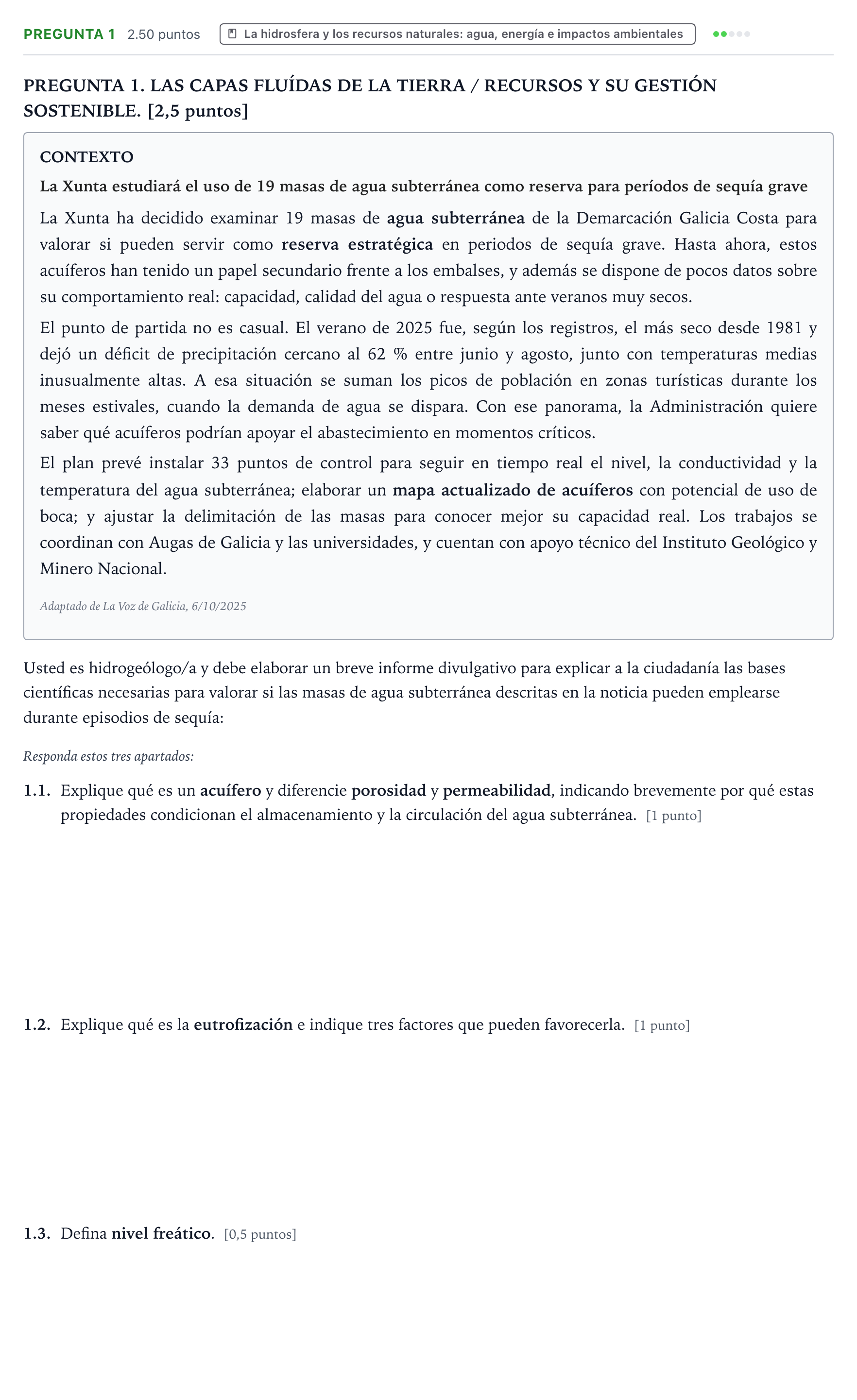 Enunciado: Pregunta 1 · Geología y Ciencias Ambientales PAU Galicia Ordinaria 2026