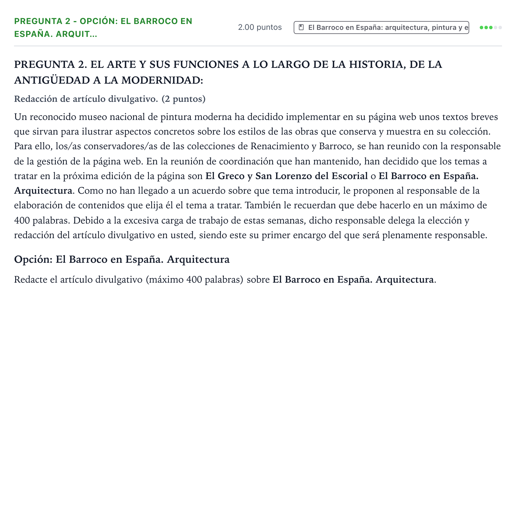 Enunciado: Pregunta 2 - Opción: El Barroco en España. Arquit… · Historia del Arte PAU Galicia Extraordinaria 2026