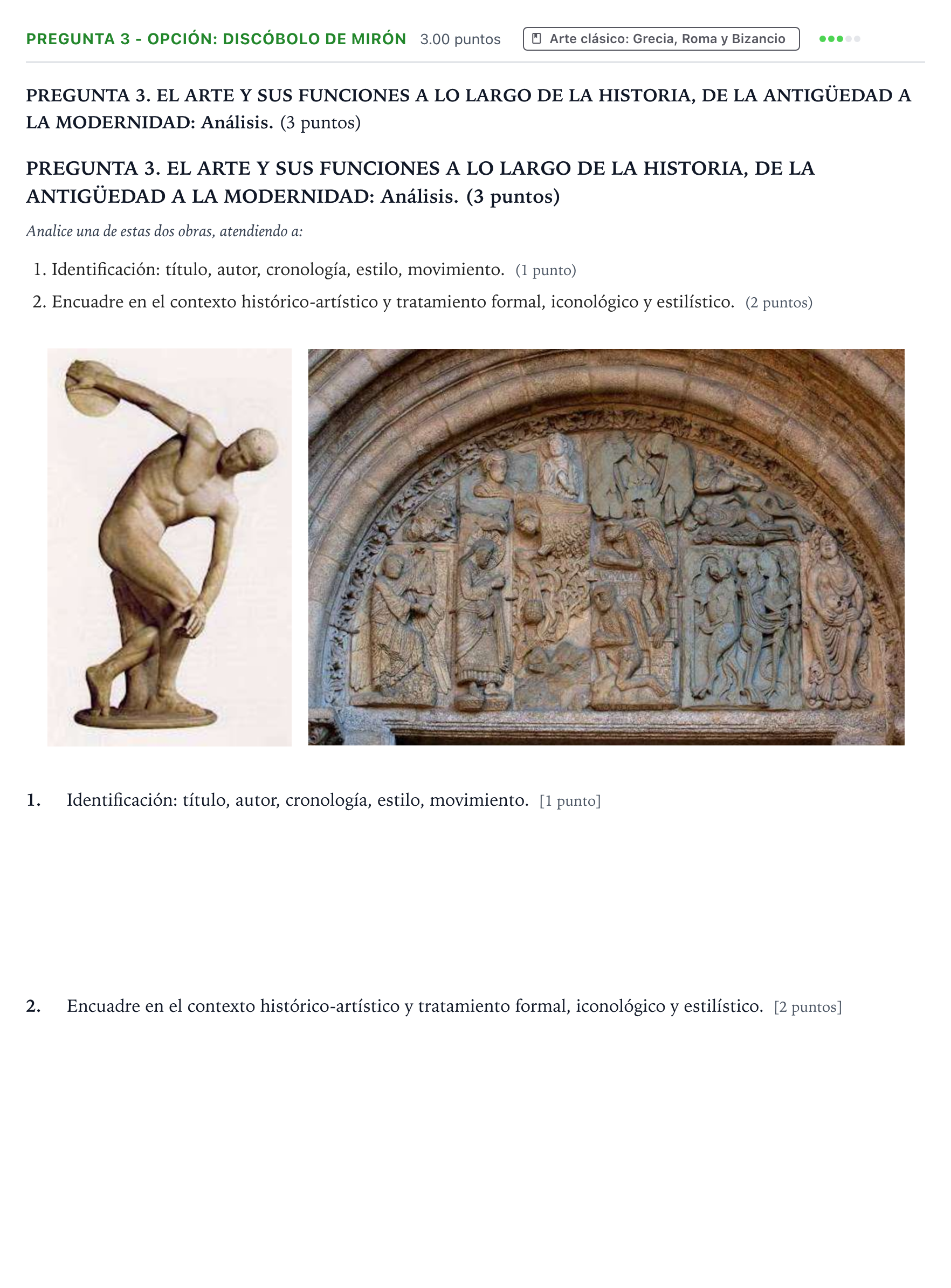 Enunciado: Pregunta 3 - Opción: Discóbolo de Mirón · Historia del Arte PAU Galicia Extraordinaria 2026
