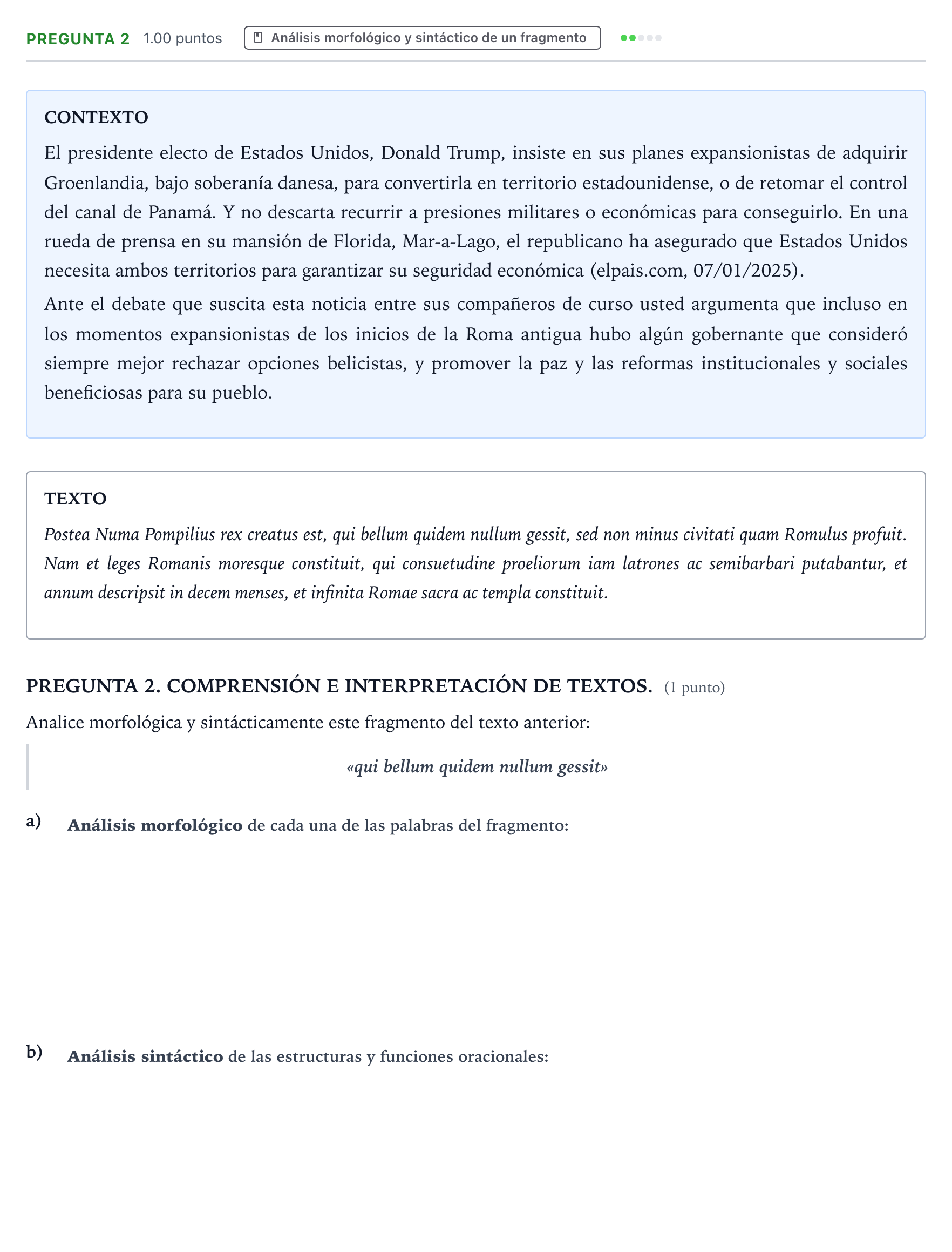 Enunciado: Pregunta 2 · Latín II PAU Galicia Extraordinaria 2026