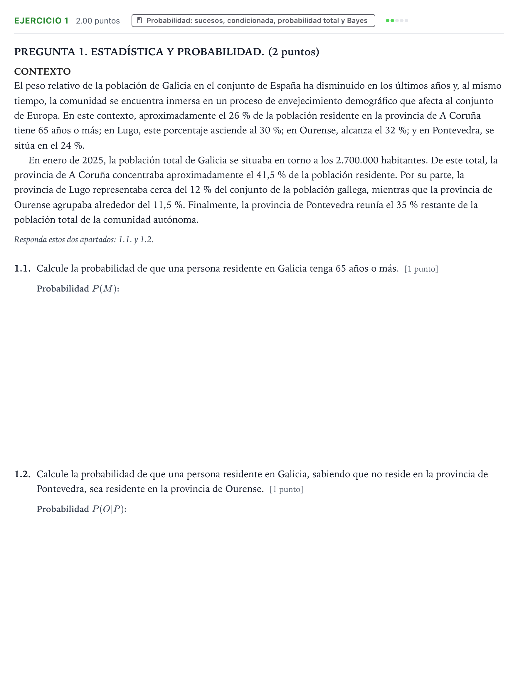 Enunciado: Problema 1 · Matemáticas aplicadas a las Ciencias Sociales II PAU Galicia Extraordinaria 2026
