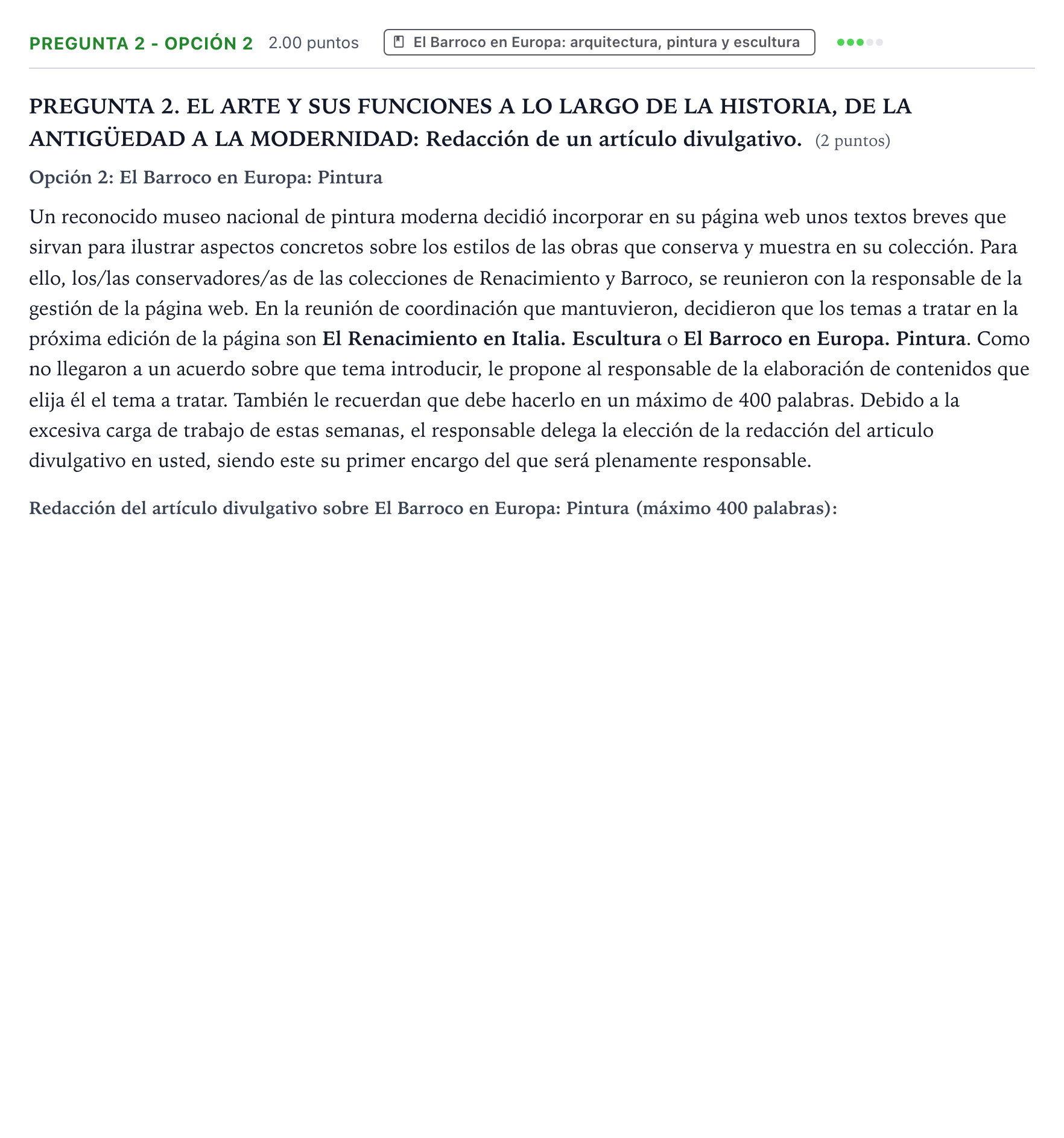 Enunciado: Pregunta 2 - Opción 2 · Historia del Arte PAU Galicia Ordinaria 2026
