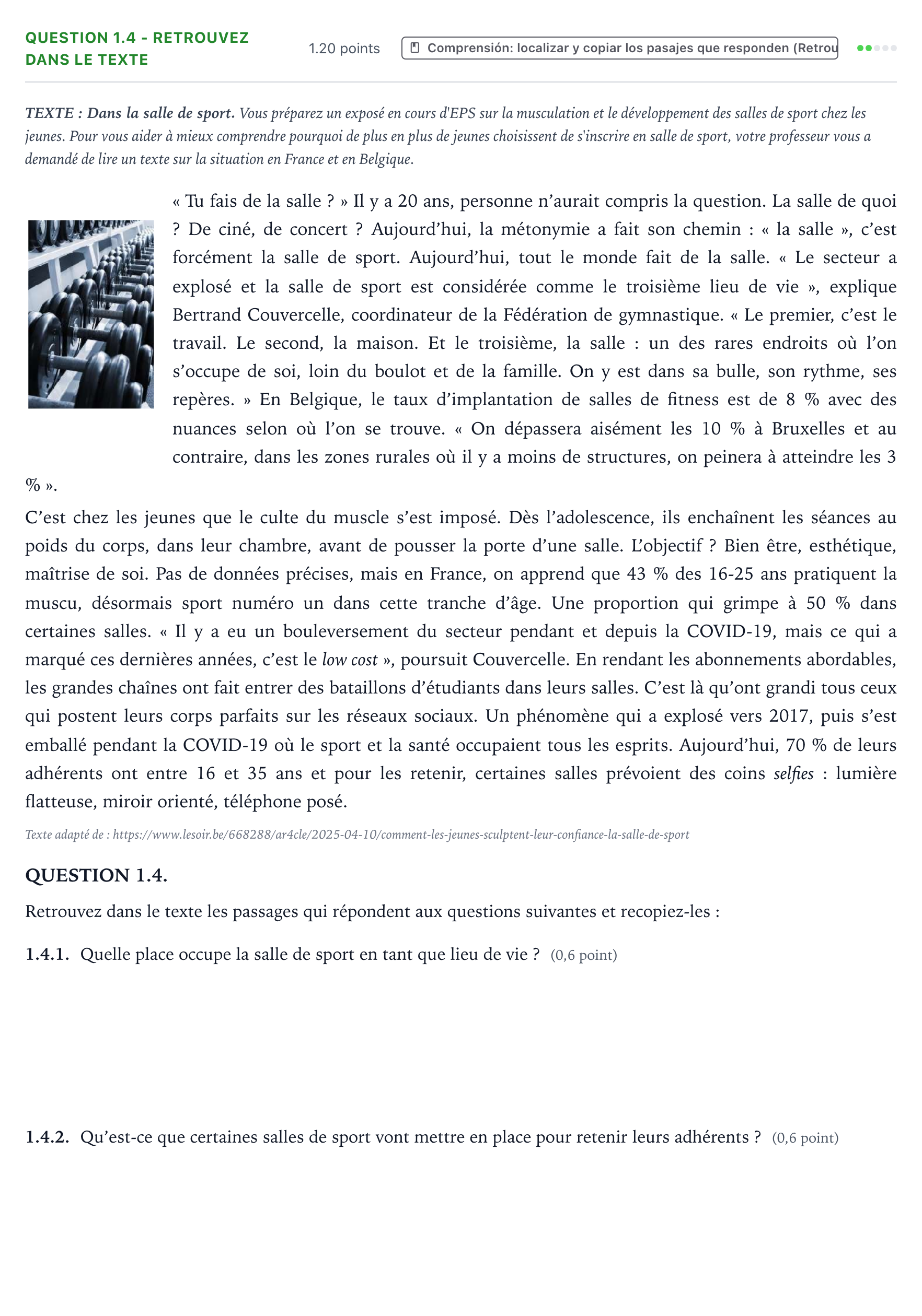 Enunciado: Question 1.4 - Retrouvez dans le texte · Francés PAU Galicia Extraordinaria (2ª lengua extranjera) 2026