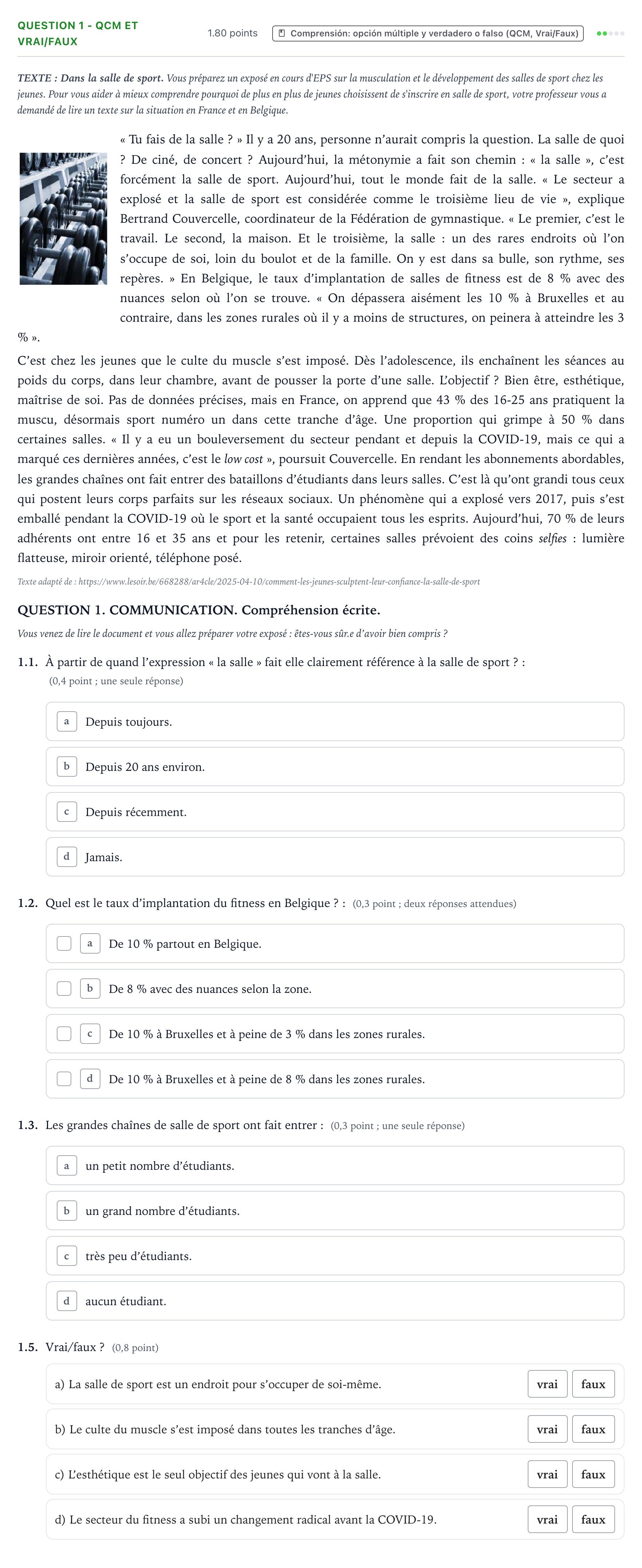 Enunciado: Question 1 - QCM et Vrai/Faux · Francés PAU Galicia Extraordinaria (2ª lengua extranjera) 2026
