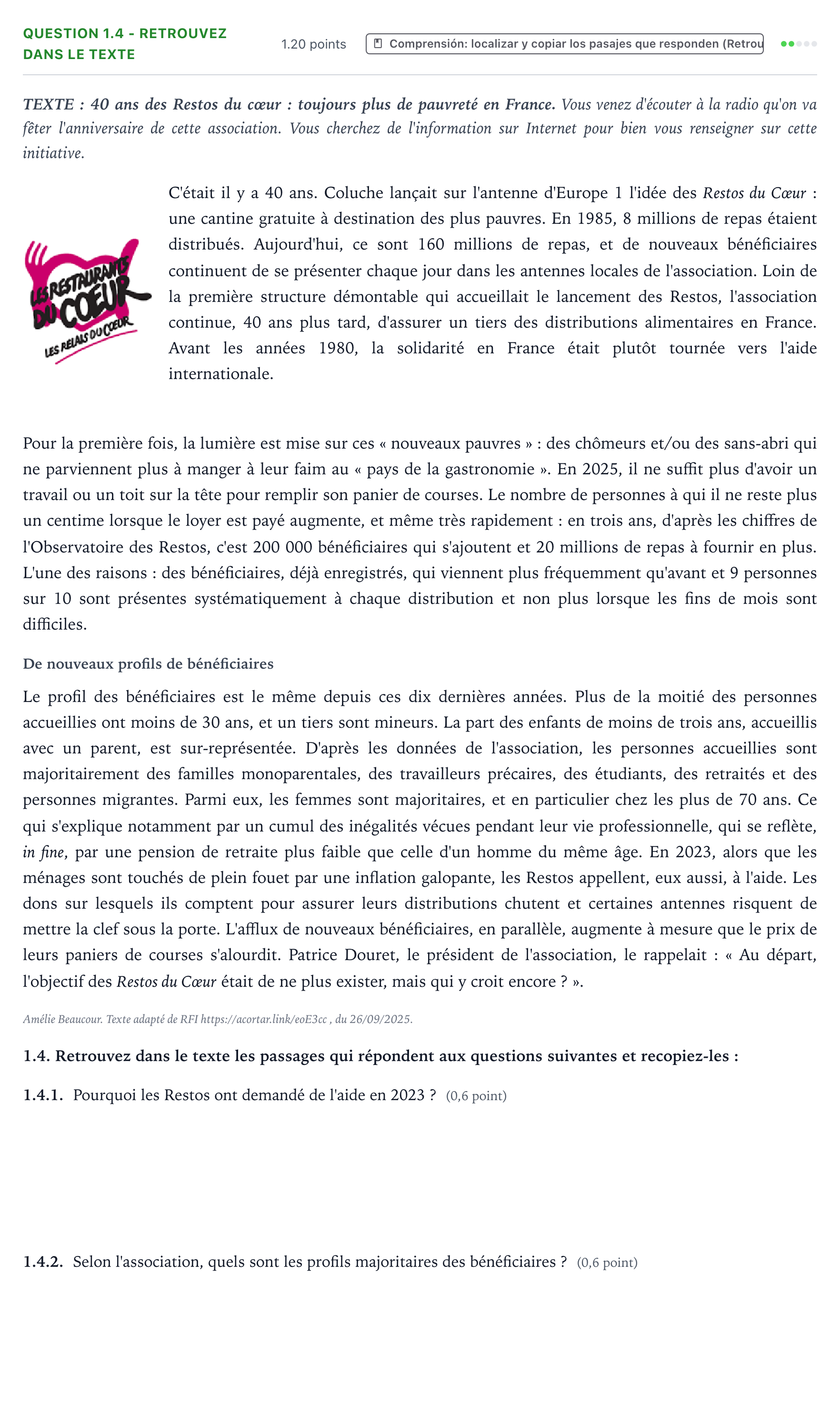 Enunciado: Question 1.4 - Retrouvez dans le texte · Francés PAU Galicia Ordinaria (2ª lengua extranjera) 2026
