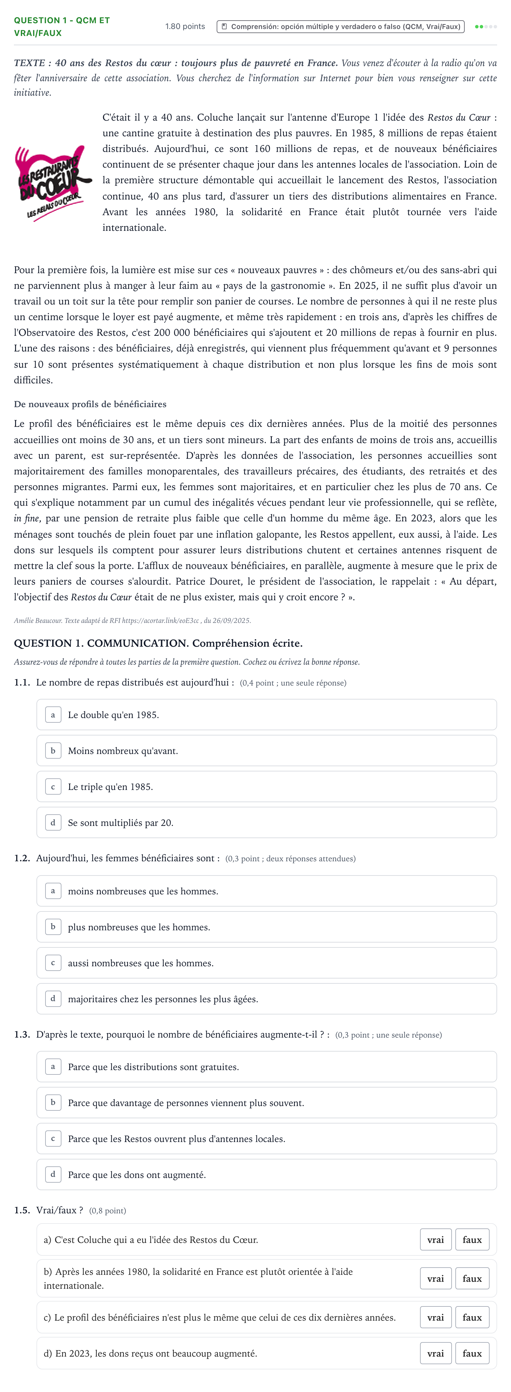 Enunciado: Question 1 - QCM et Vrai/Faux · Francés PAU Galicia Ordinaria (2ª lengua extranjera) 2026