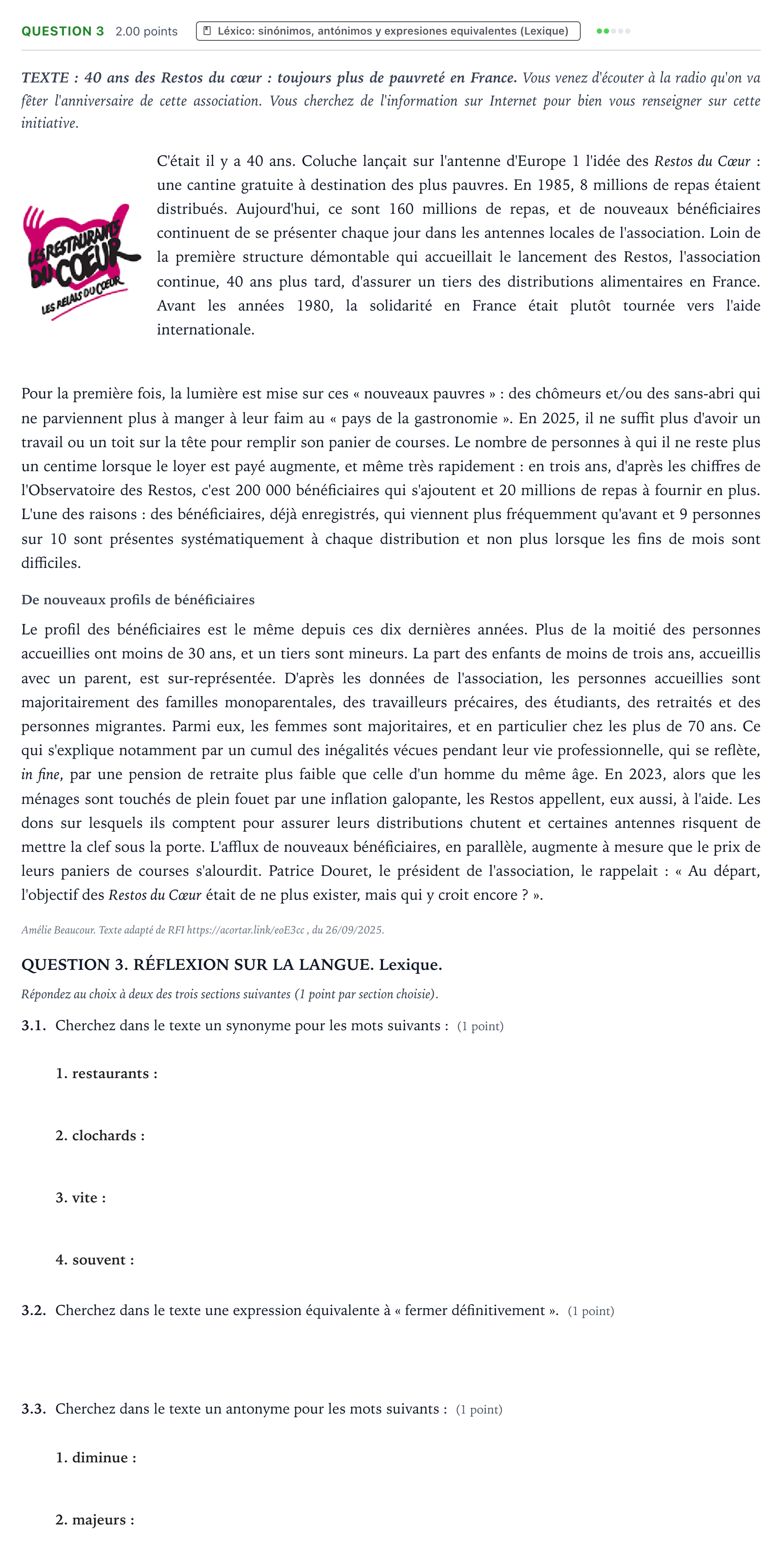 Enunciado: Question 3 · Francés PAU Galicia Ordinaria (2ª lengua extranjera) 2026