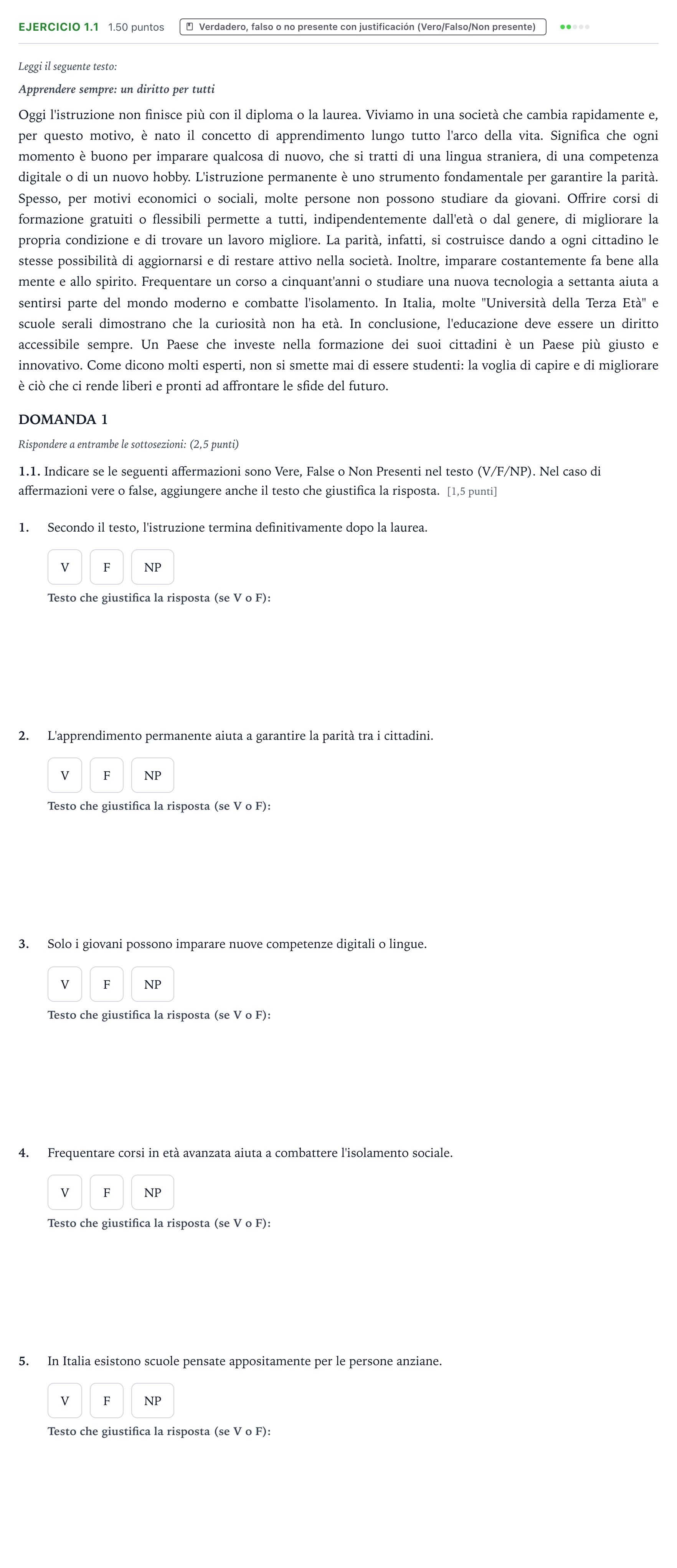 Enunciado: Ejercicio 1.1 · Italiano PAU Galicia Extraordinaria (2ª lengua extranjera) 2026