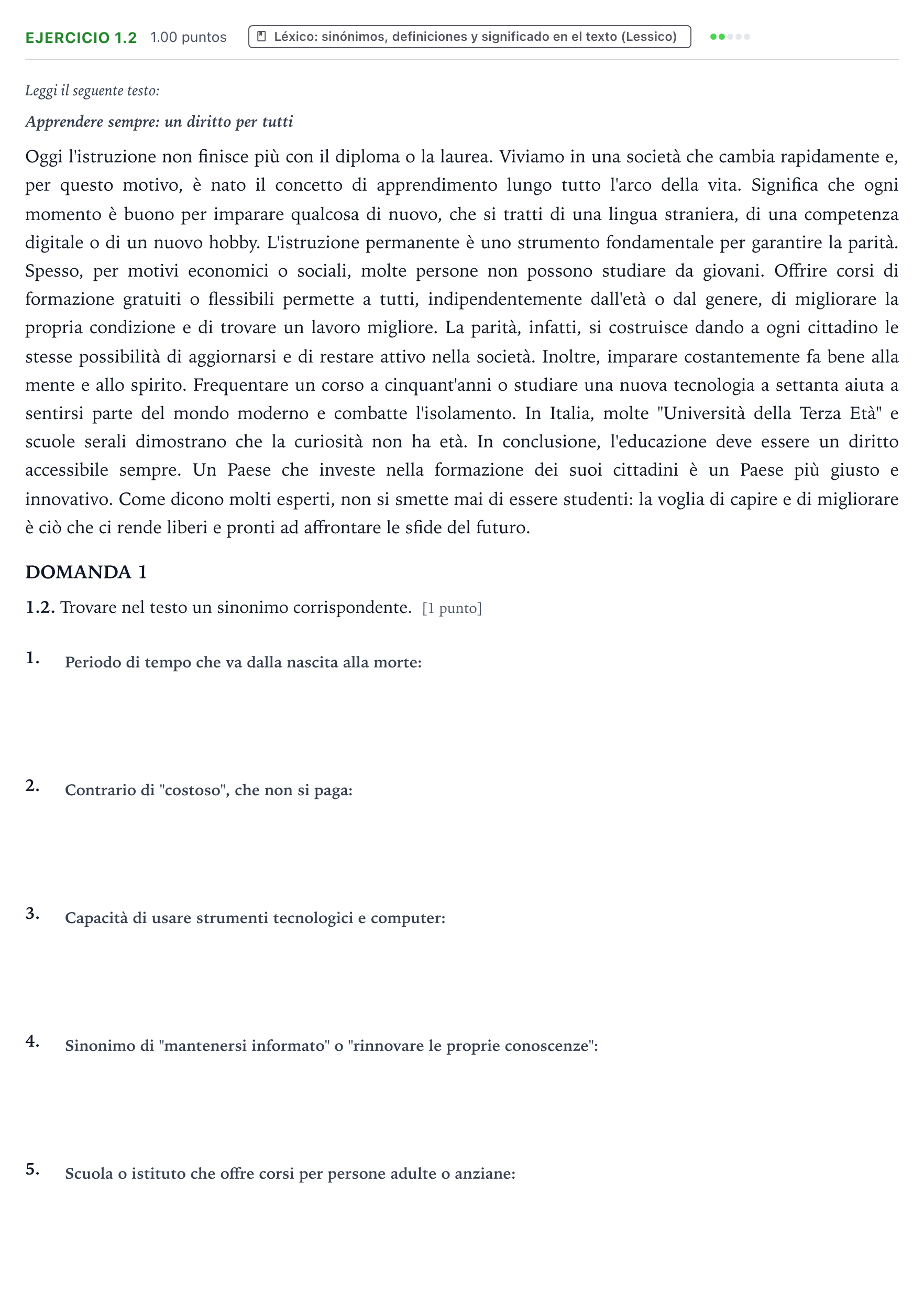 Enunciado: Ejercicio 1.2 · Italiano PAU Galicia Extraordinaria (2ª lengua extranjera) 2026