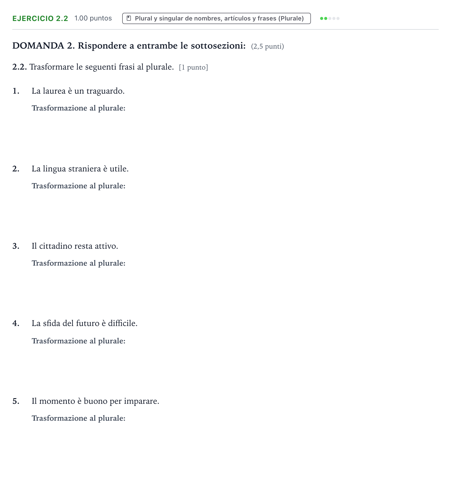 Enunciado: Ejercicio 2.2 · Italiano PAU Galicia Extraordinaria (2ª lengua extranjera) 2026