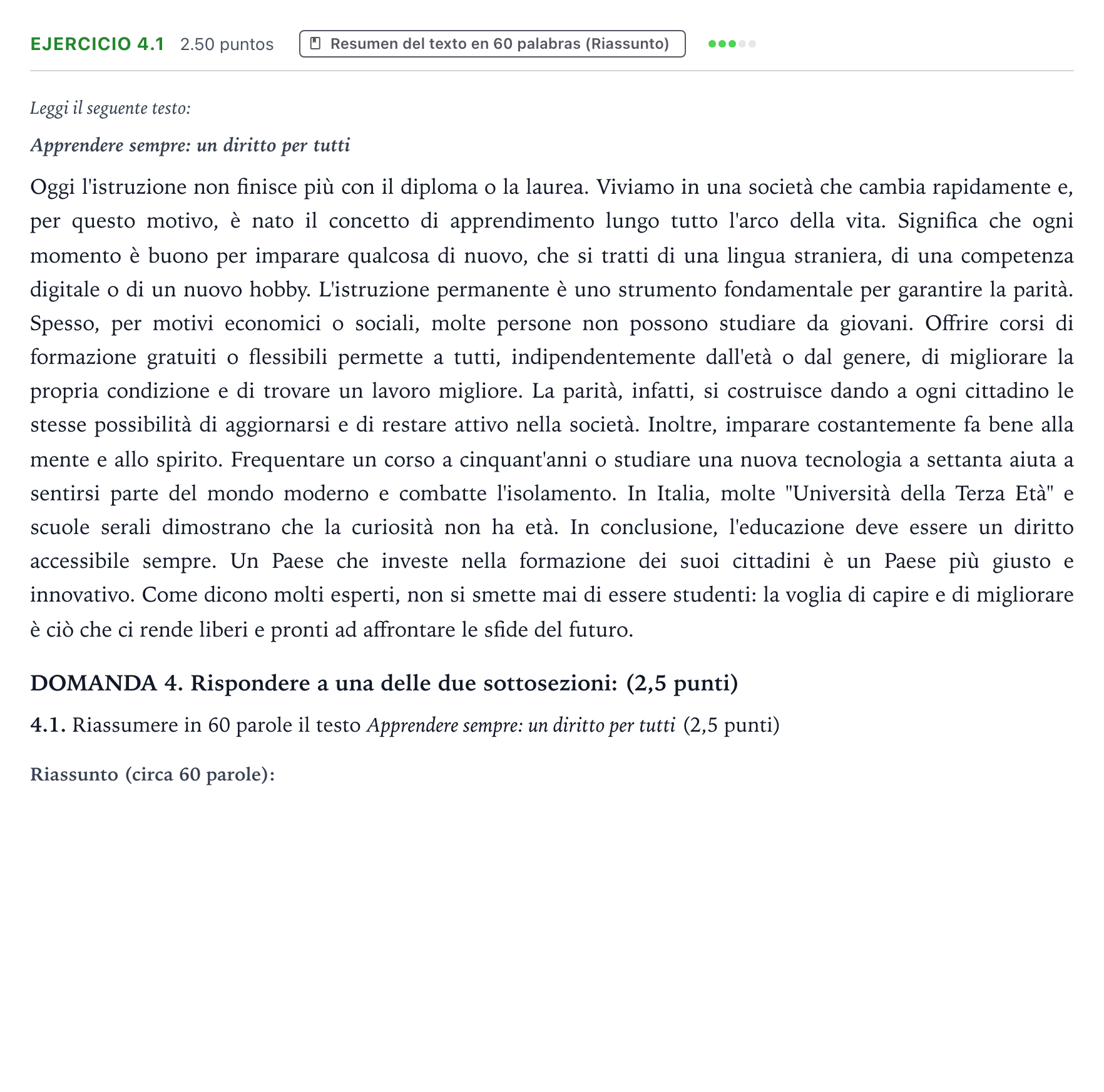 Enunciado: Ejercicio 4.1 · Italiano PAU Galicia Extraordinaria (2ª lengua extranjera) 2026
