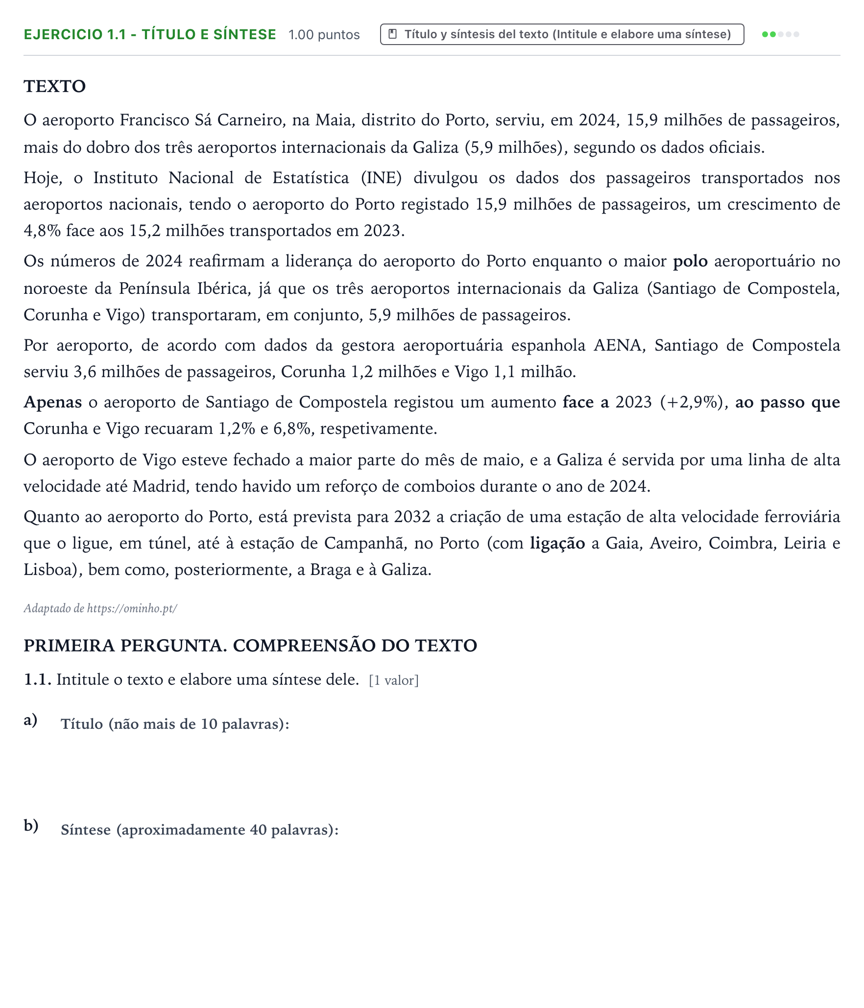 Enunciado: Ejercicio 1.1 - Título e síntese · Portugués PAU Galicia Extraordinaria (2ª lengua extranjera) 2026