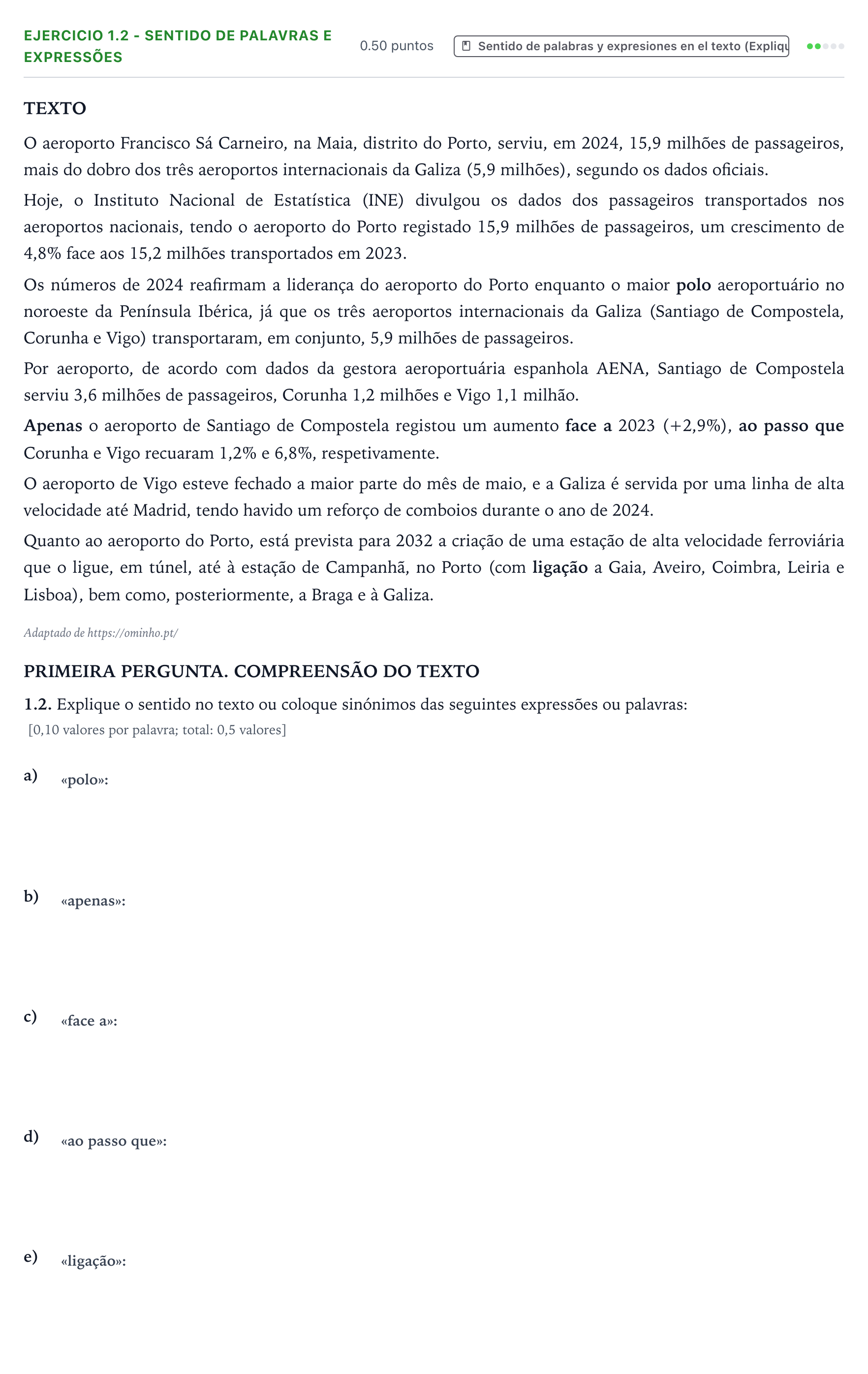 Enunciado: Ejercicio 1.2 - Sentido de palavras e expressões · Portugués PAU Galicia Extraordinaria (2ª lengua extranjera) 2026