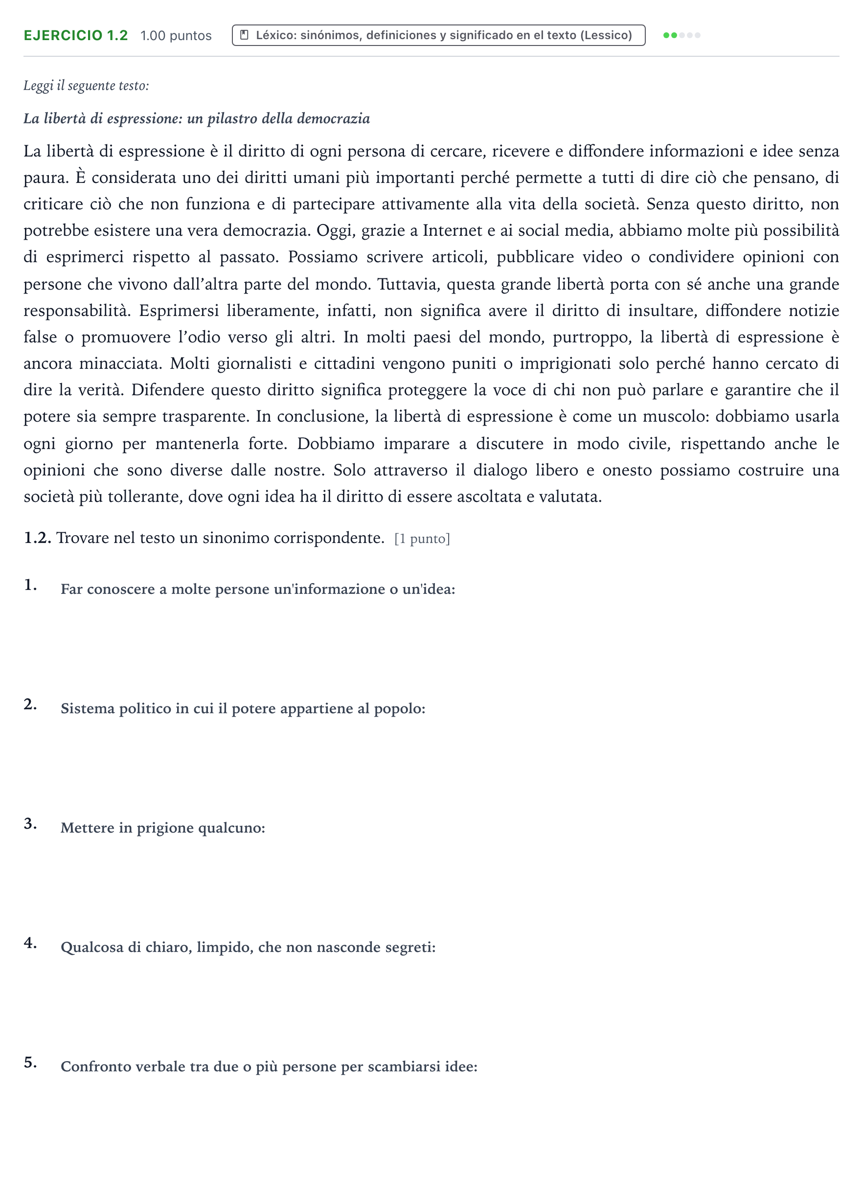 Enunciado: Ejercicio 1.2 · Italiano PAU Galicia Ordinaria (2ª lengua extranjera) 2026