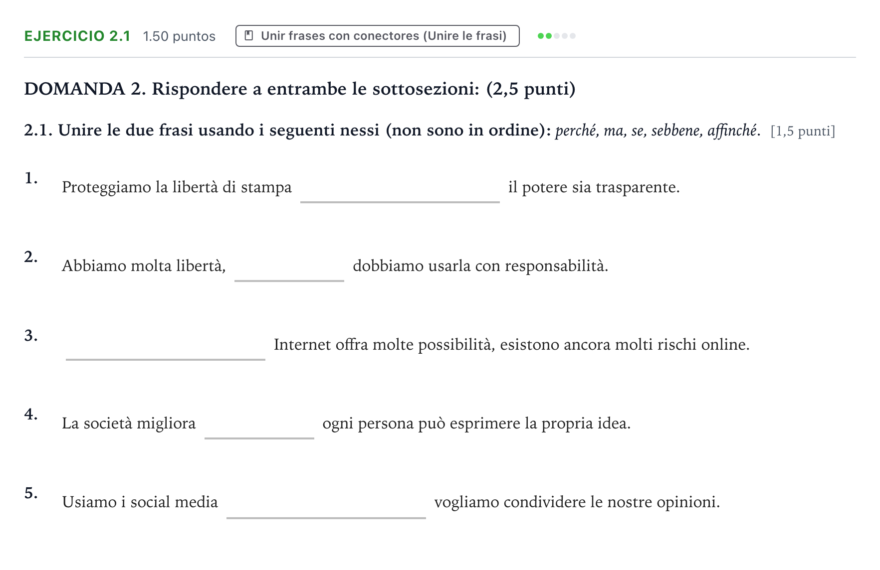 Enunciado: Ejercicio 2.1 · Italiano PAU Galicia Ordinaria (2ª lengua extranjera) 2026