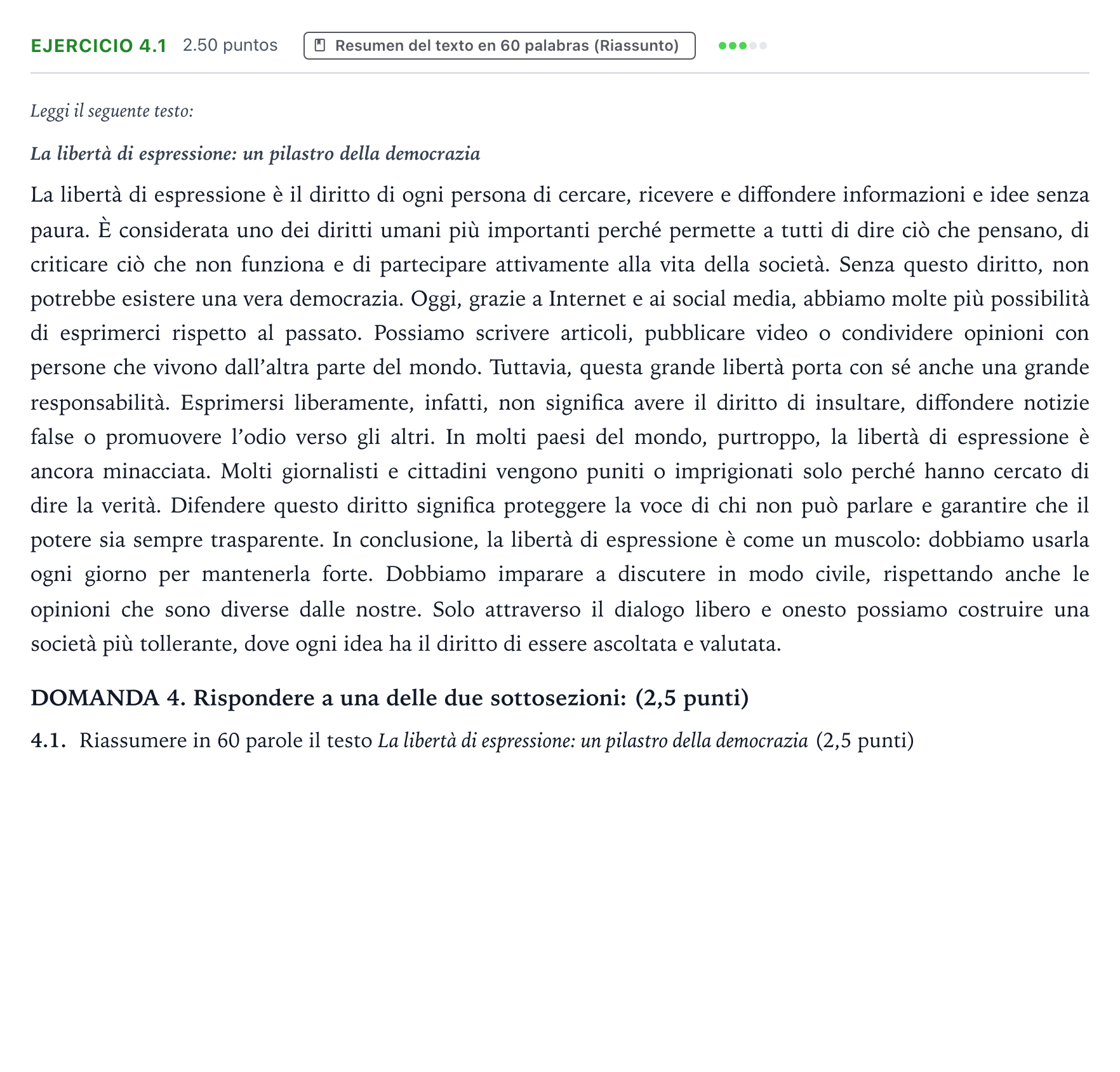 Enunciado: Ejercicio 4.1 · Italiano PAU Galicia Ordinaria (2ª lengua extranjera) 2026