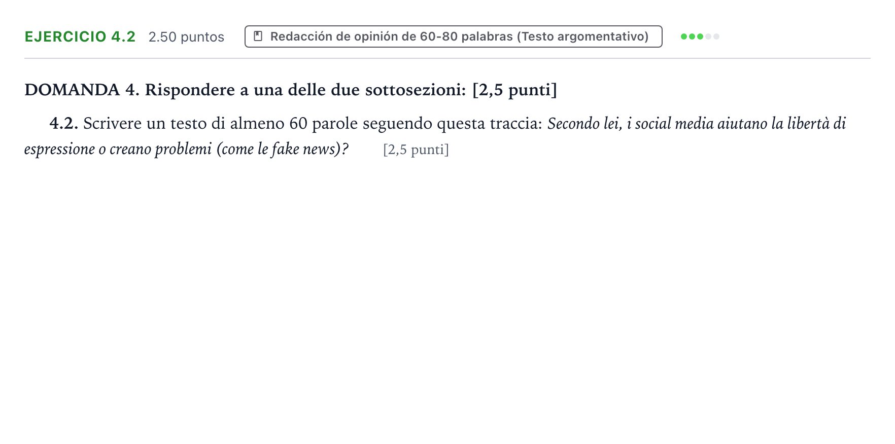 Enunciado: Ejercicio 4.2 · Italiano PAU Galicia Ordinaria (2ª lengua extranjera) 2026