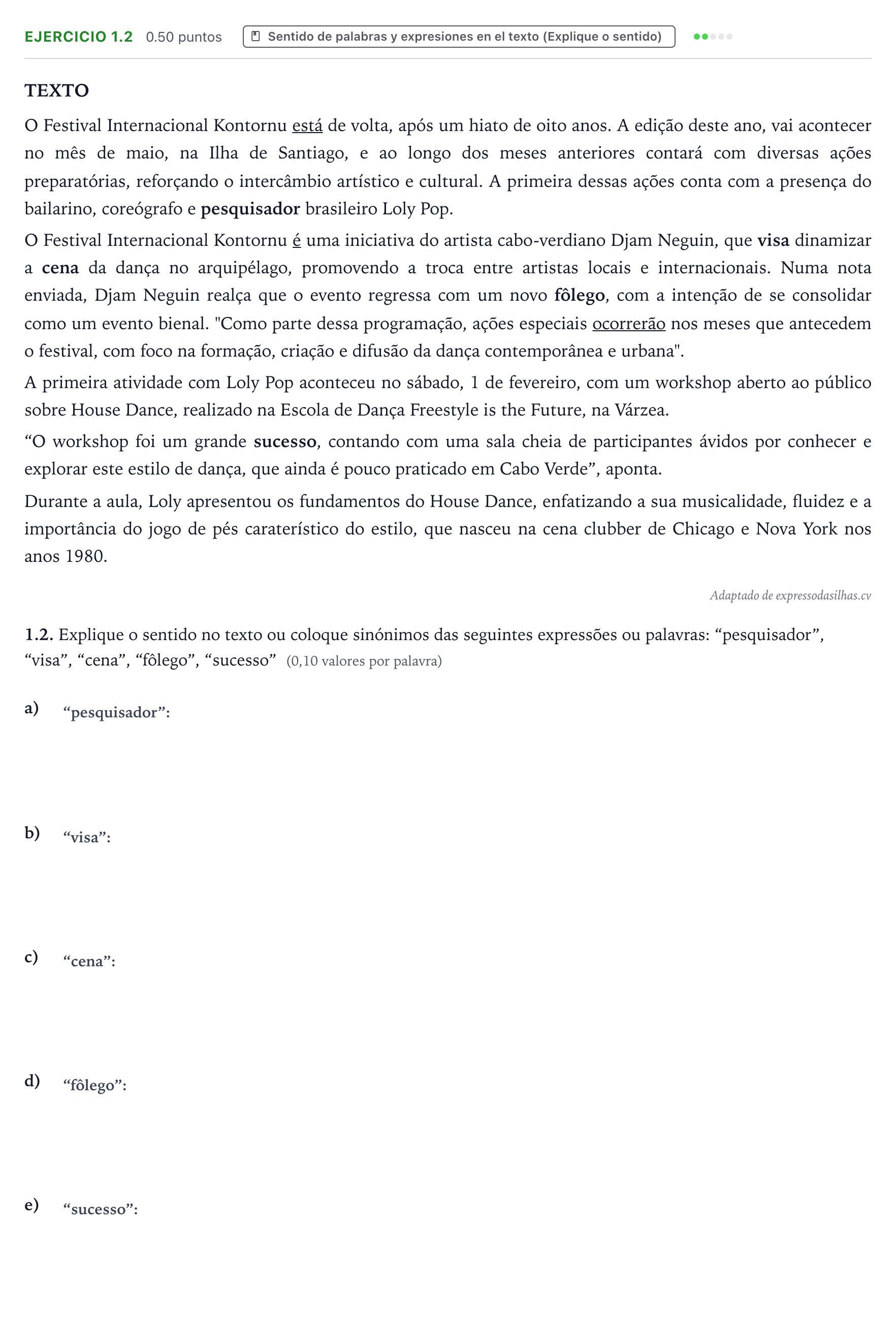 Enunciado: Ejercicio 1.2 · Portugués PAU Galicia Ordinaria (2ª lengua extranjera) 2026