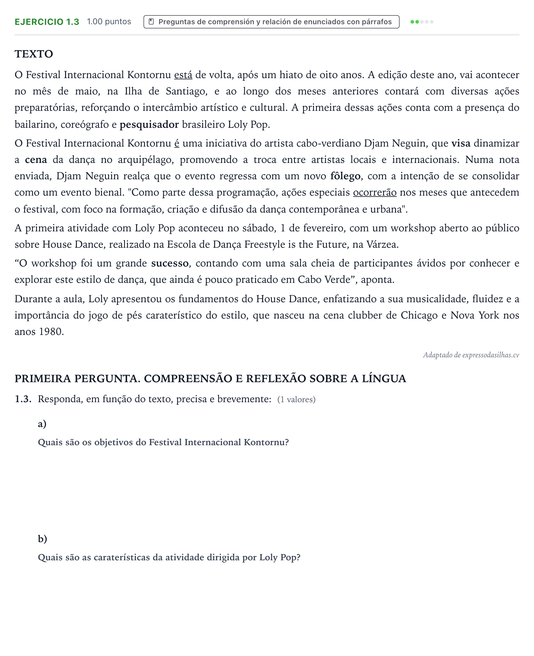 Enunciado: Ejercicio 1.3 · Portugués PAU Galicia Ordinaria (2ª lengua extranjera) 2026