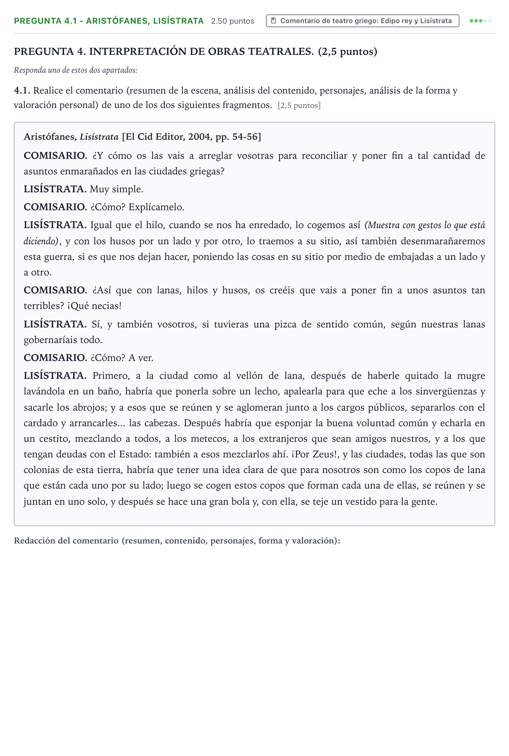 Enunciado: Pregunta 4.1 - Aristófanes, Lisístrata · Literatura Dramática PAU Galicia Extraordinaria 2026