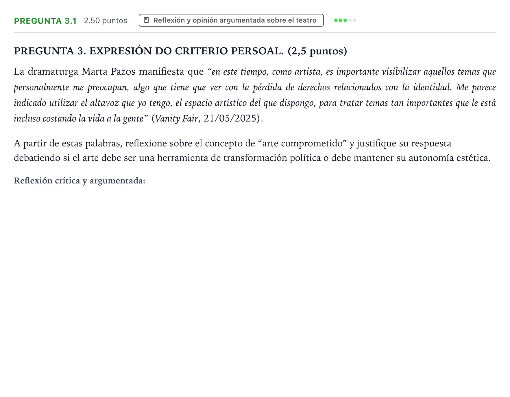 Enunciado: Pregunta 3.1 · Literatura Dramática PAU Galicia Ordinaria 2026
