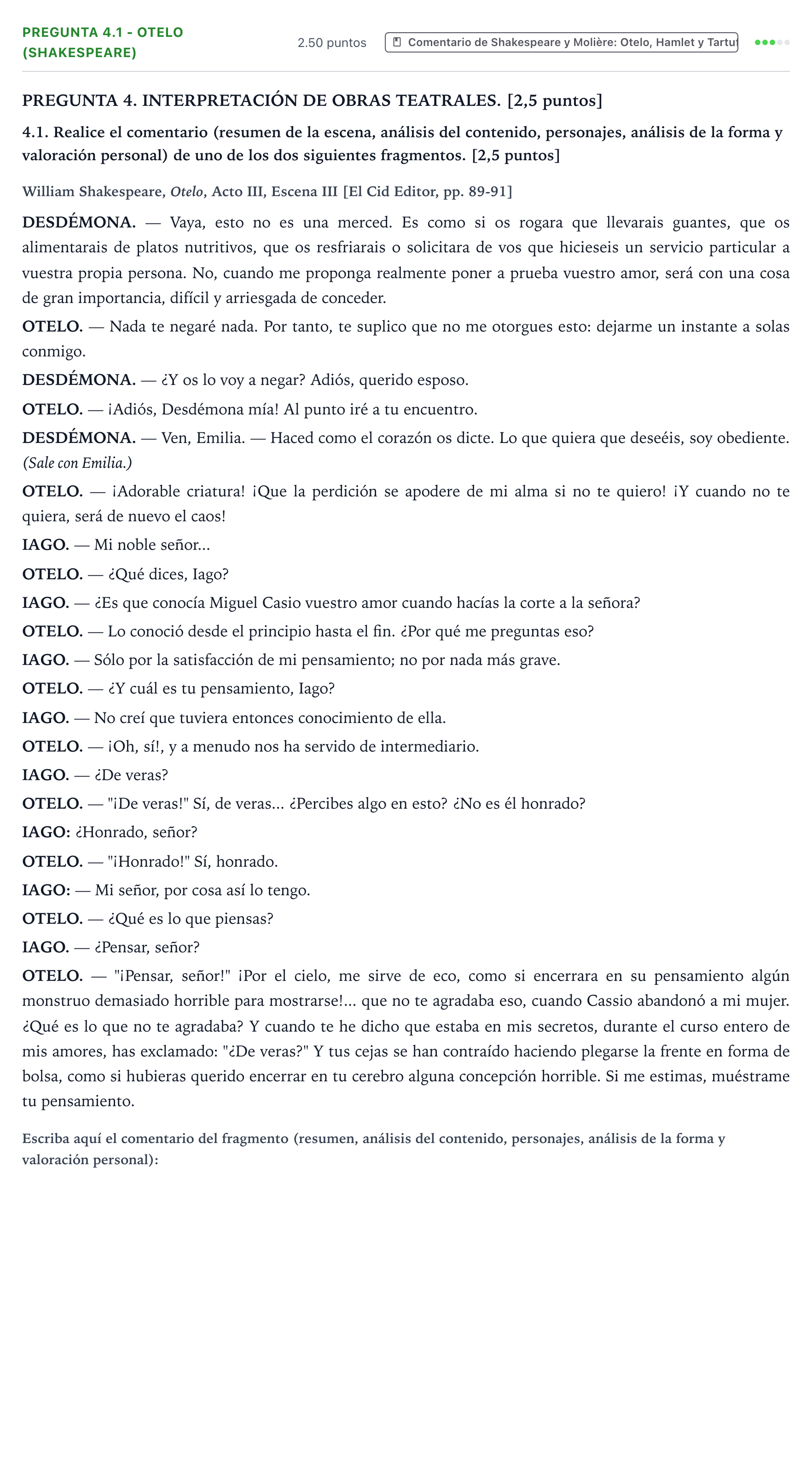 Enunciado: Pregunta 4.1 - Otelo (Shakespeare) · Literatura Dramática PAU Galicia Ordinaria 2026