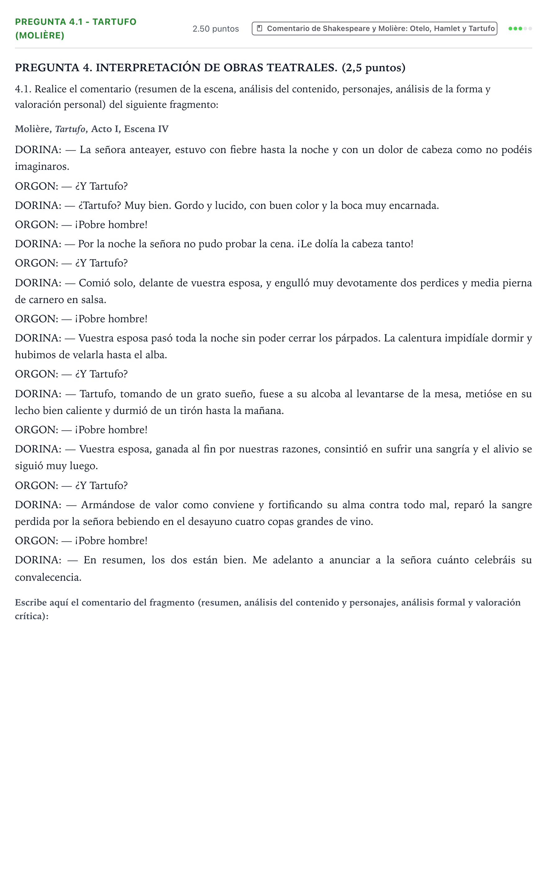 Enunciado: Pregunta 4.1 - Tartufo (Molière) · Literatura Dramática PAU Galicia Ordinaria 2026