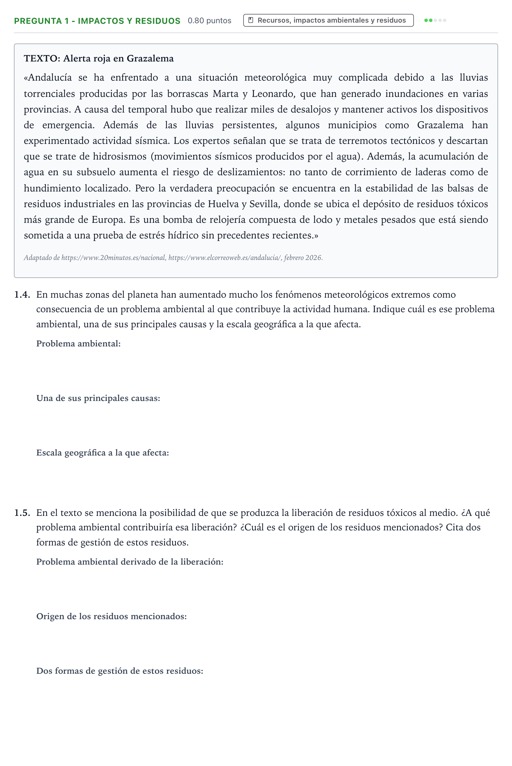Enunciado: Pregunta 1 - Impactos y residuos · Ciencias Generales PAU Galicia Ordinaria 2026