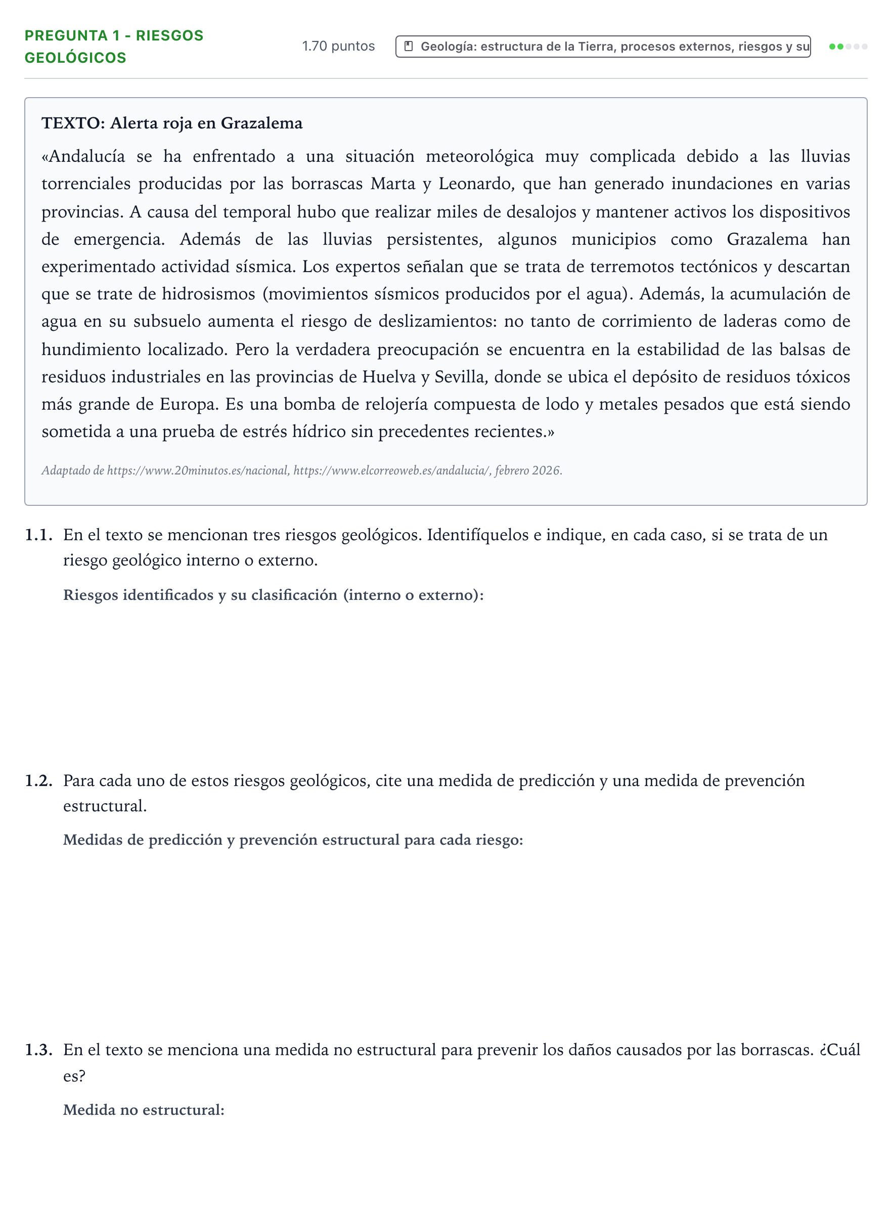 Enunciado: Pregunta 1 - Riesgos geológicos · Ciencias Generales PAU Galicia Ordinaria 2026