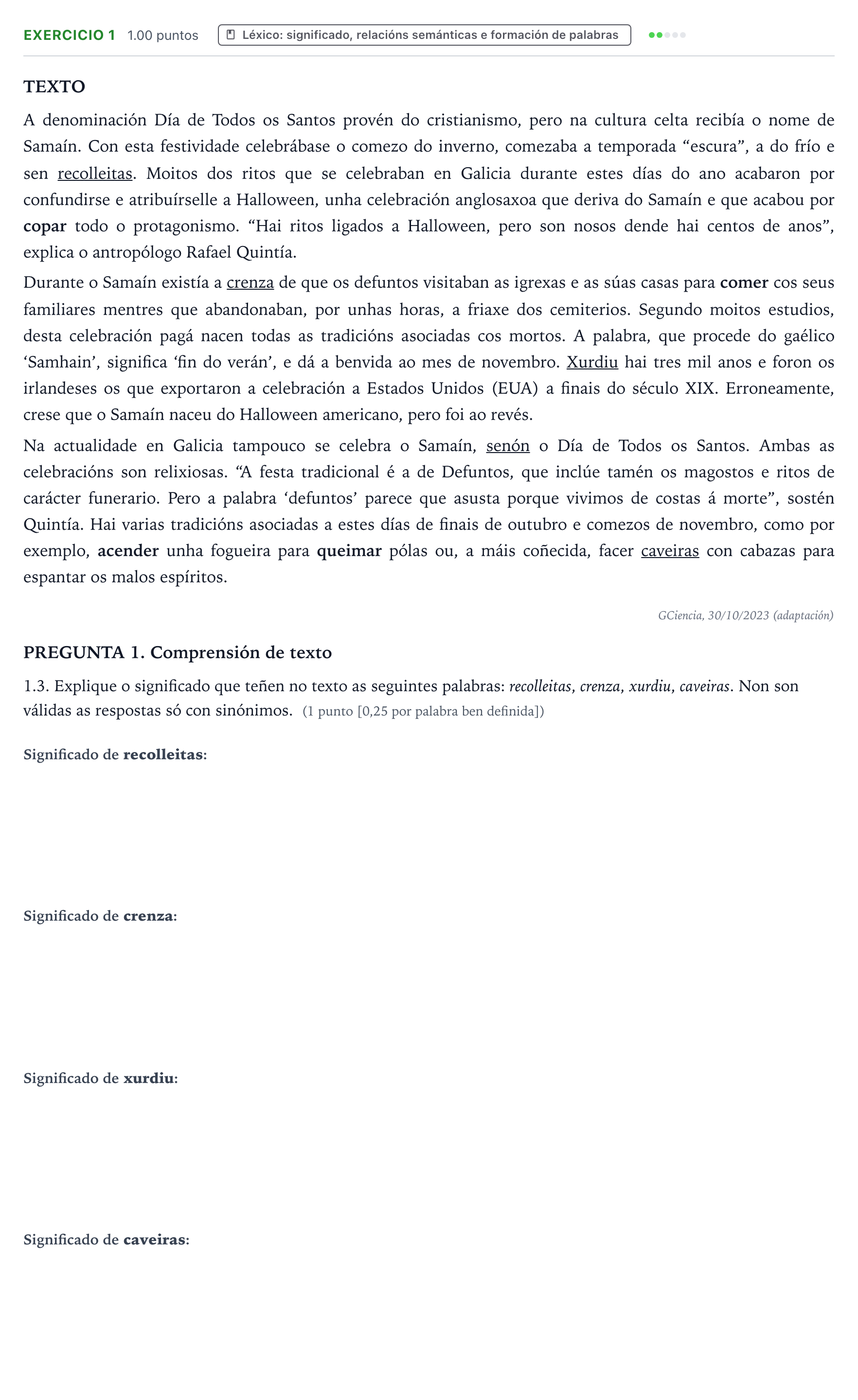 Enunciado: Ejercicio 1 - Léxico · Lingua Galega e Literatura II PAU Galicia Ordinaria 2024
