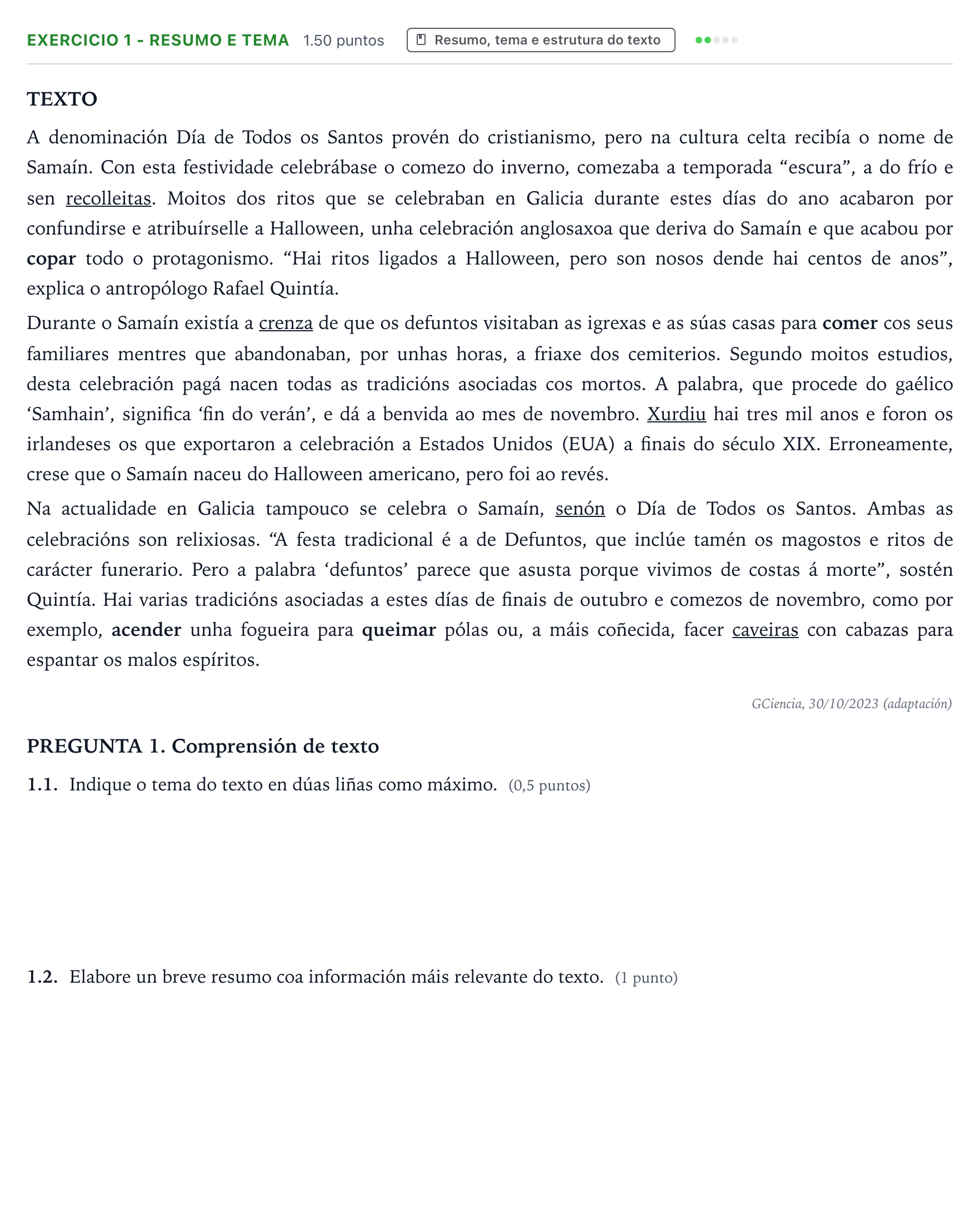 Enunciado: Ejercicio 1 - Resumo e tema · Lingua Galega e Literatura II PAU Galicia Ordinaria 2024