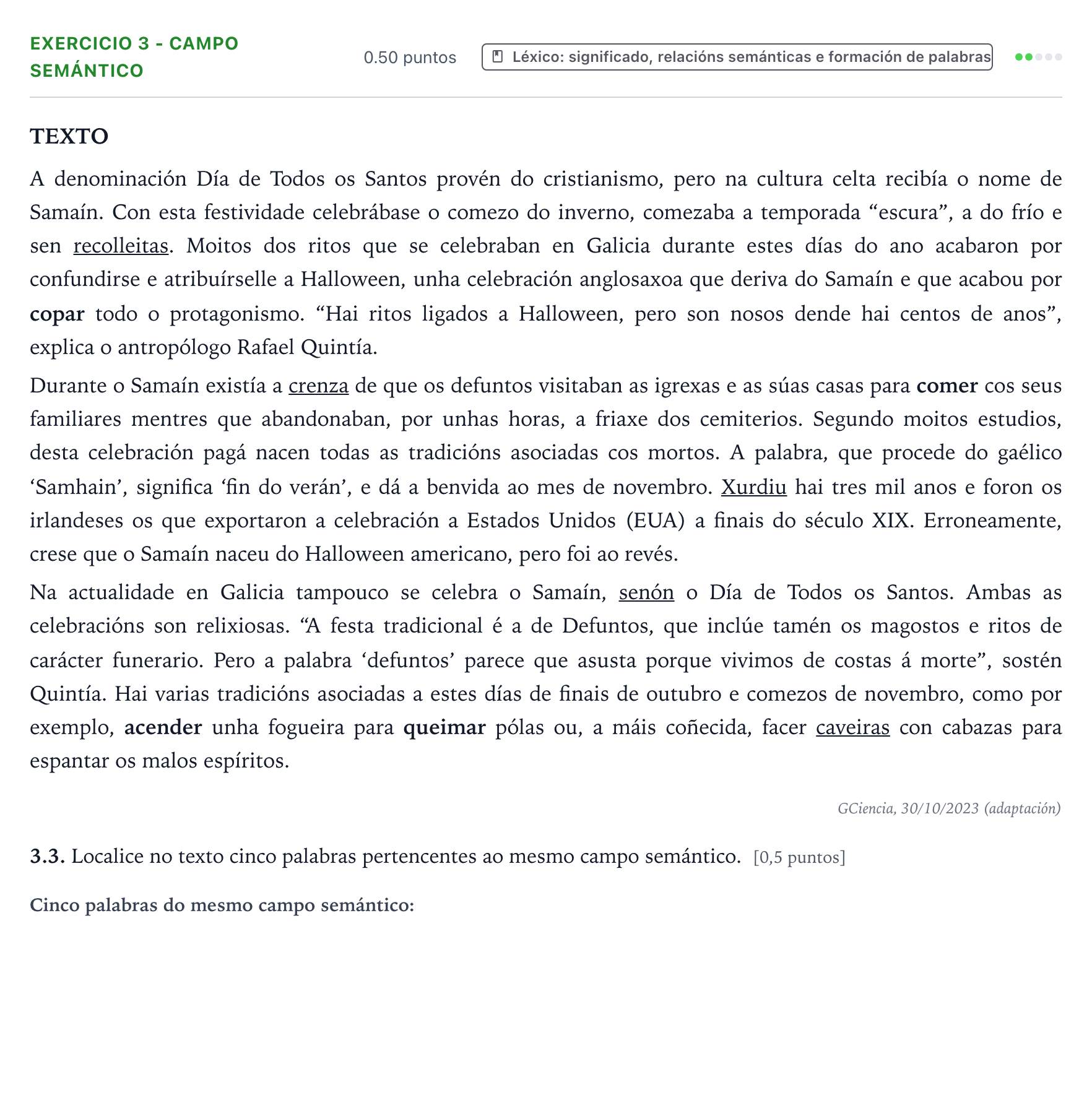 Enunciado: Ejercicio 3 - Campo semántico · Lingua Galega e Literatura II PAU Galicia Ordinaria 2024
