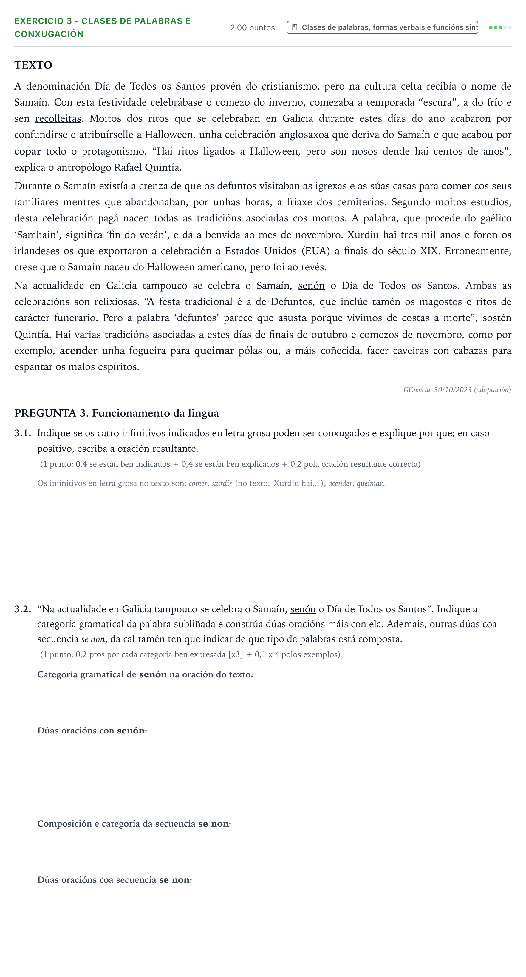 Enunciado: Ejercicio 3 - Clases de palabras e conxugación · Lingua Galega e Literatura II PAU Galicia Ordinaria 2024