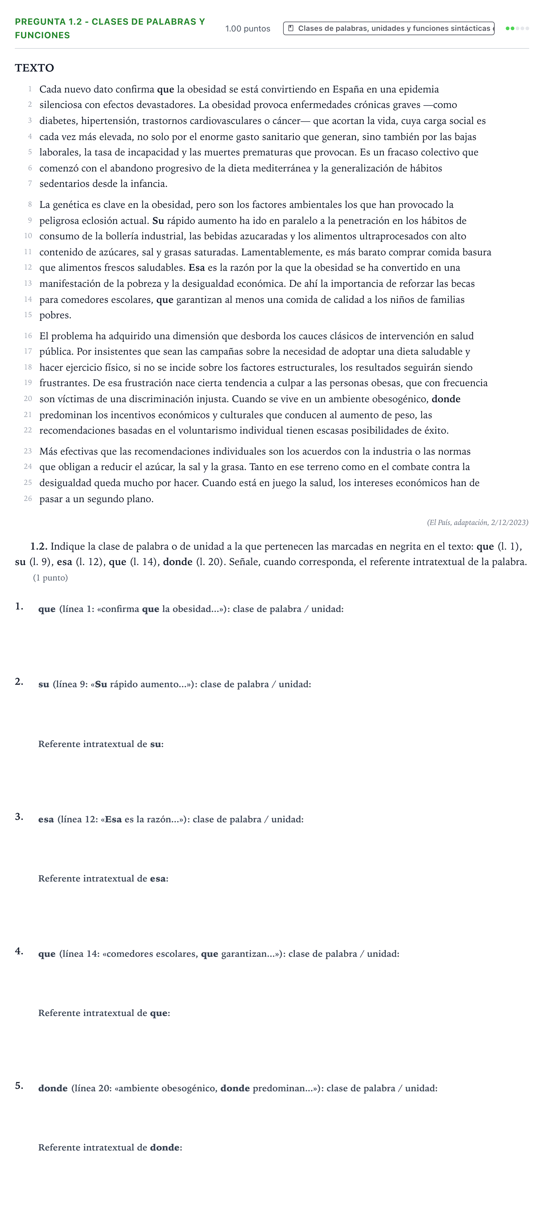 Enunciado: Pregunta 1.2 - Clases de palabras y funciones · Lengua Castellana y Literatura II PAU Galicia Ordinaria 2024