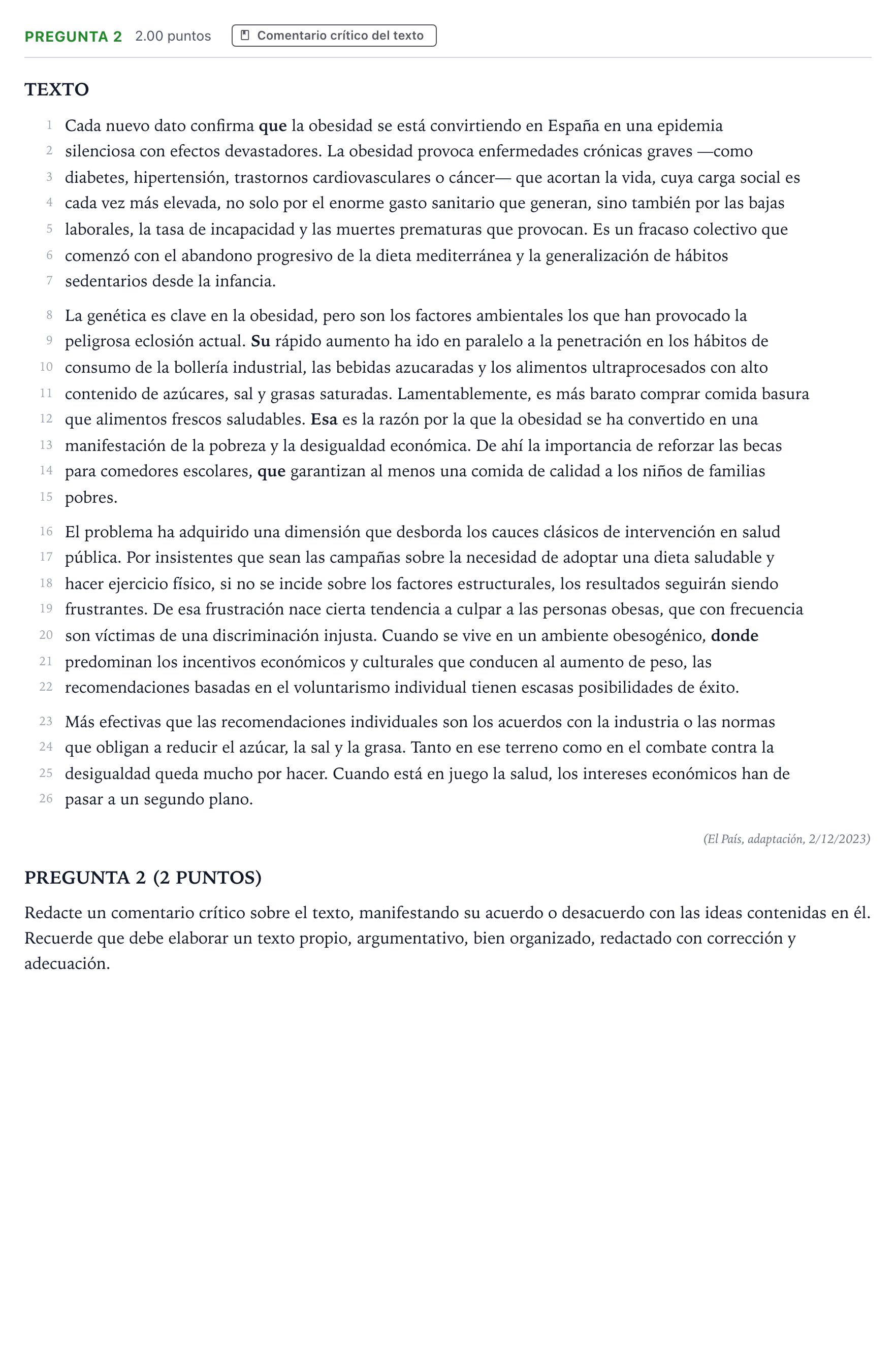 Enunciado: Pregunta 2 · Lengua Castellana y Literatura II PAU Galicia Ordinaria 2024