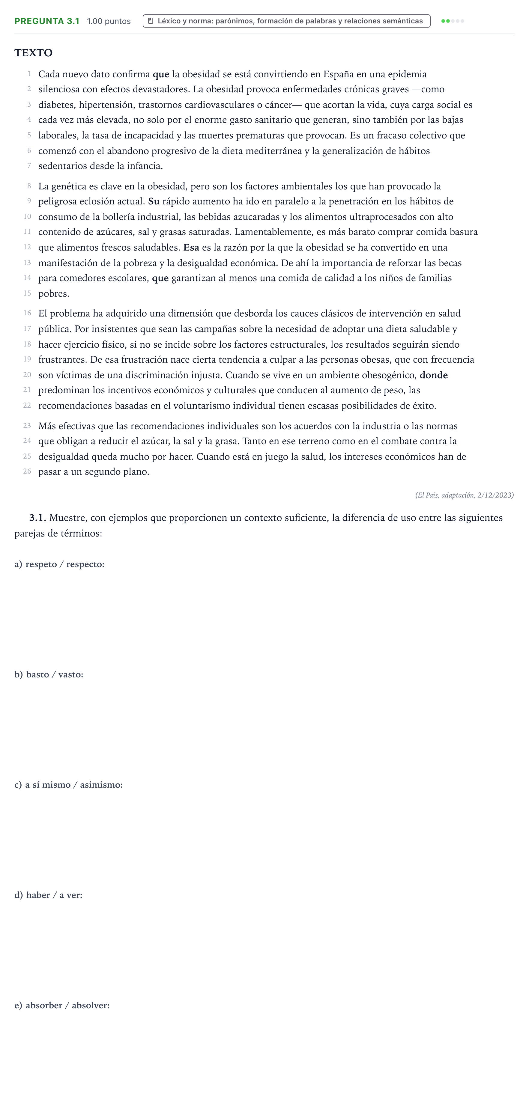 Enunciado: Pregunta 3.1 - Léxico y norma · Lengua Castellana y Literatura II PAU Galicia Ordinaria 2024