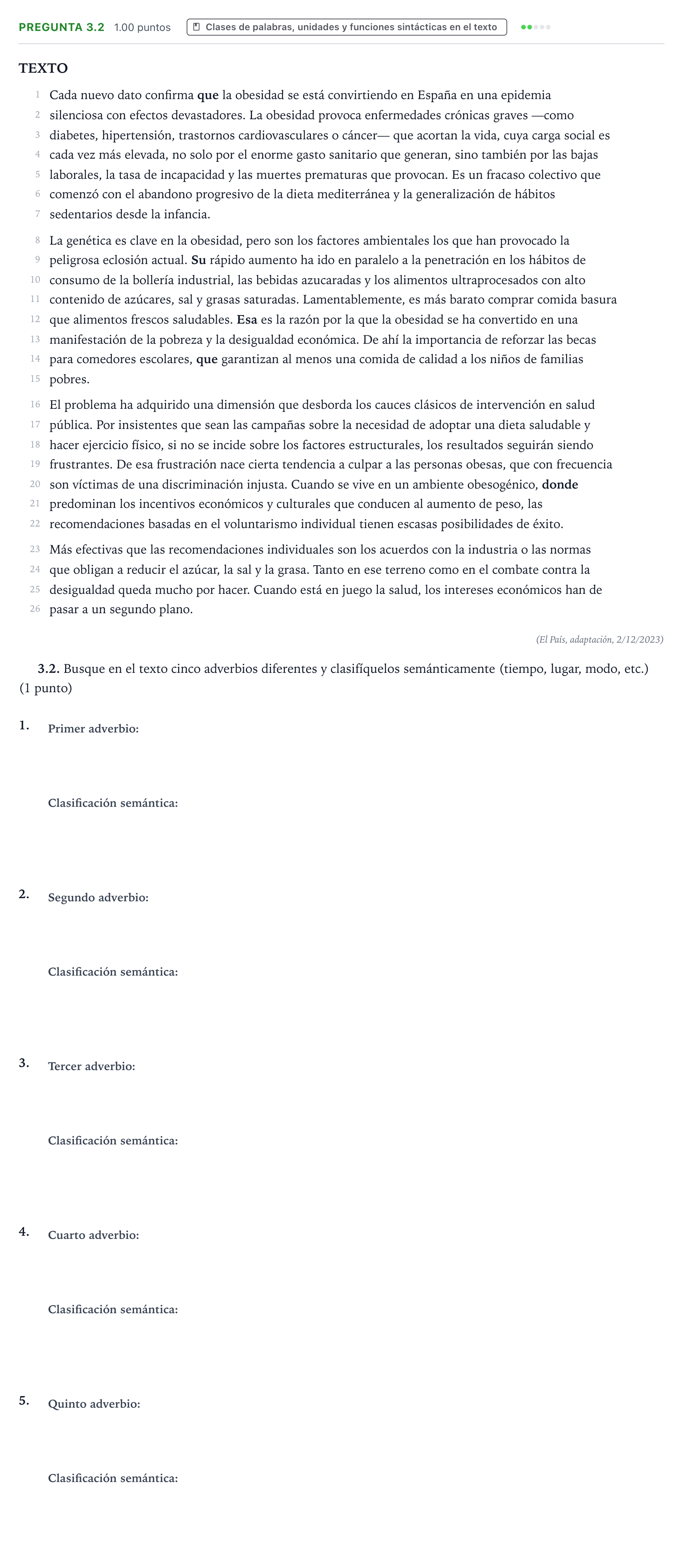 Enunciado: Pregunta 3.2 - Clases de palabras · Lengua Castellana y Literatura II PAU Galicia Ordinaria 2024