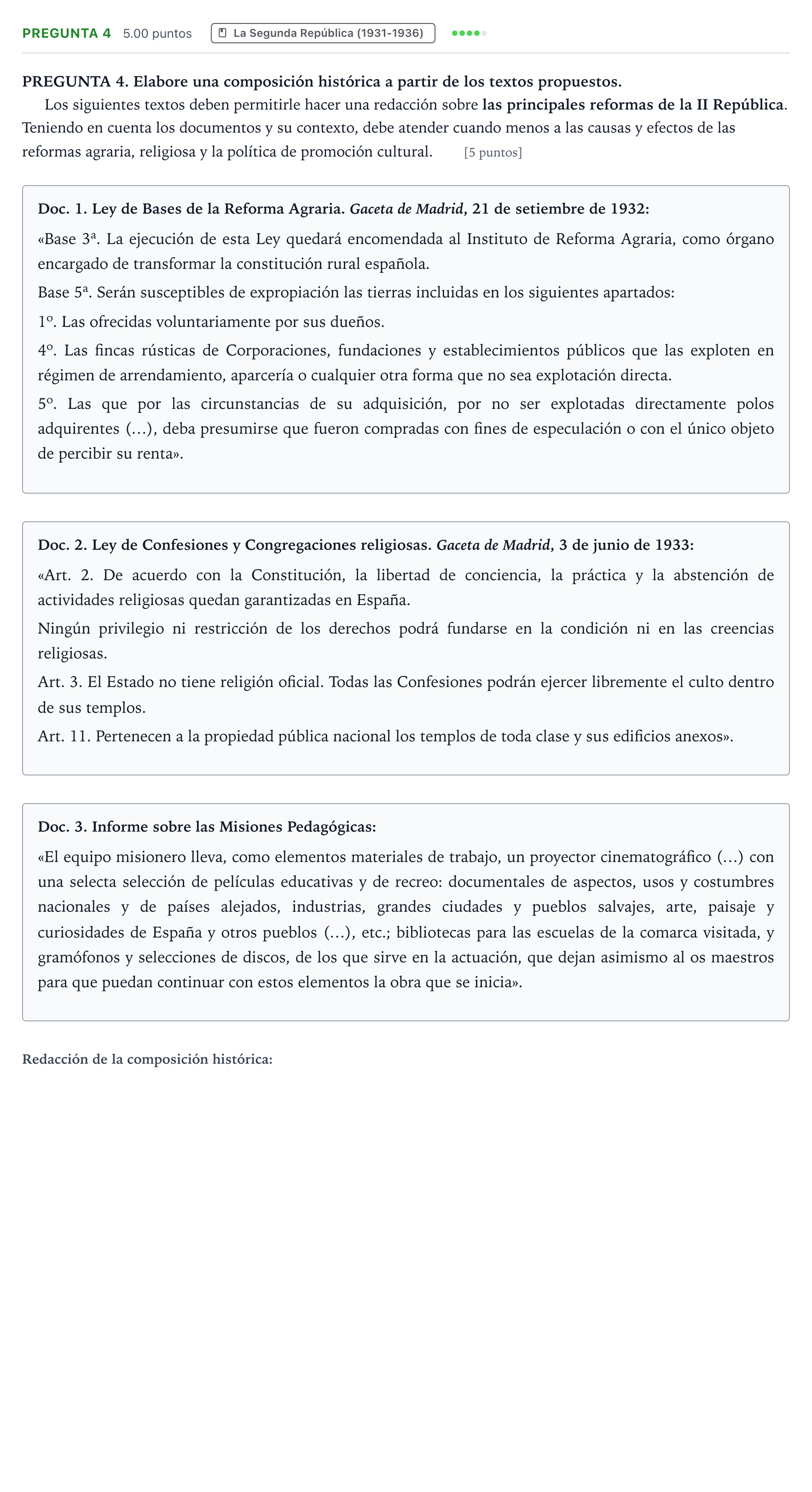 Enunciado: Pregunta 4 · Historia de España PAU Galicia Ordinaria 2024