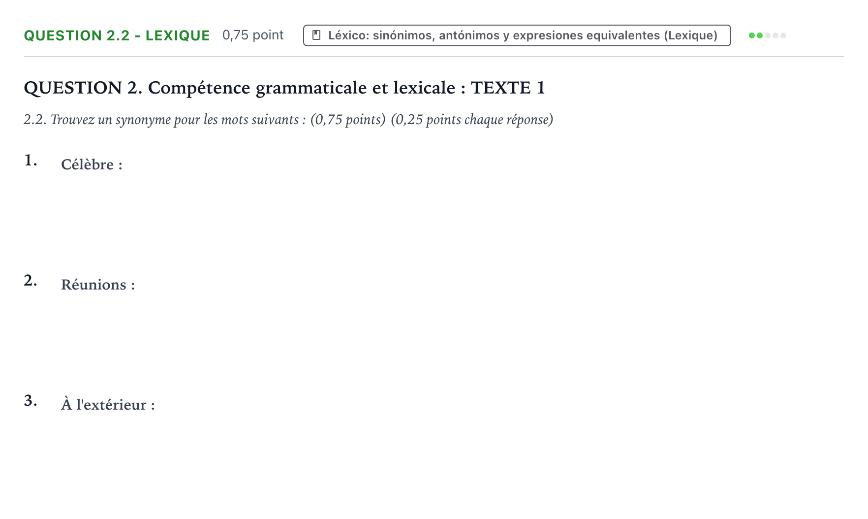 Enunciado: Question 2.2 - Lexique · Francés PAU Galicia Ordinaria 2024