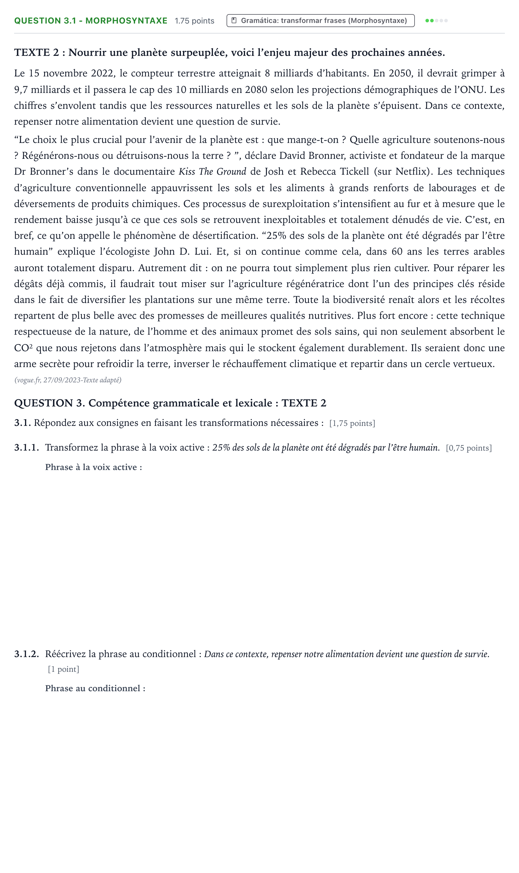 Enunciado: Question 3.1 - Morphosyntaxe · Francés PAU Galicia Ordinaria 2024