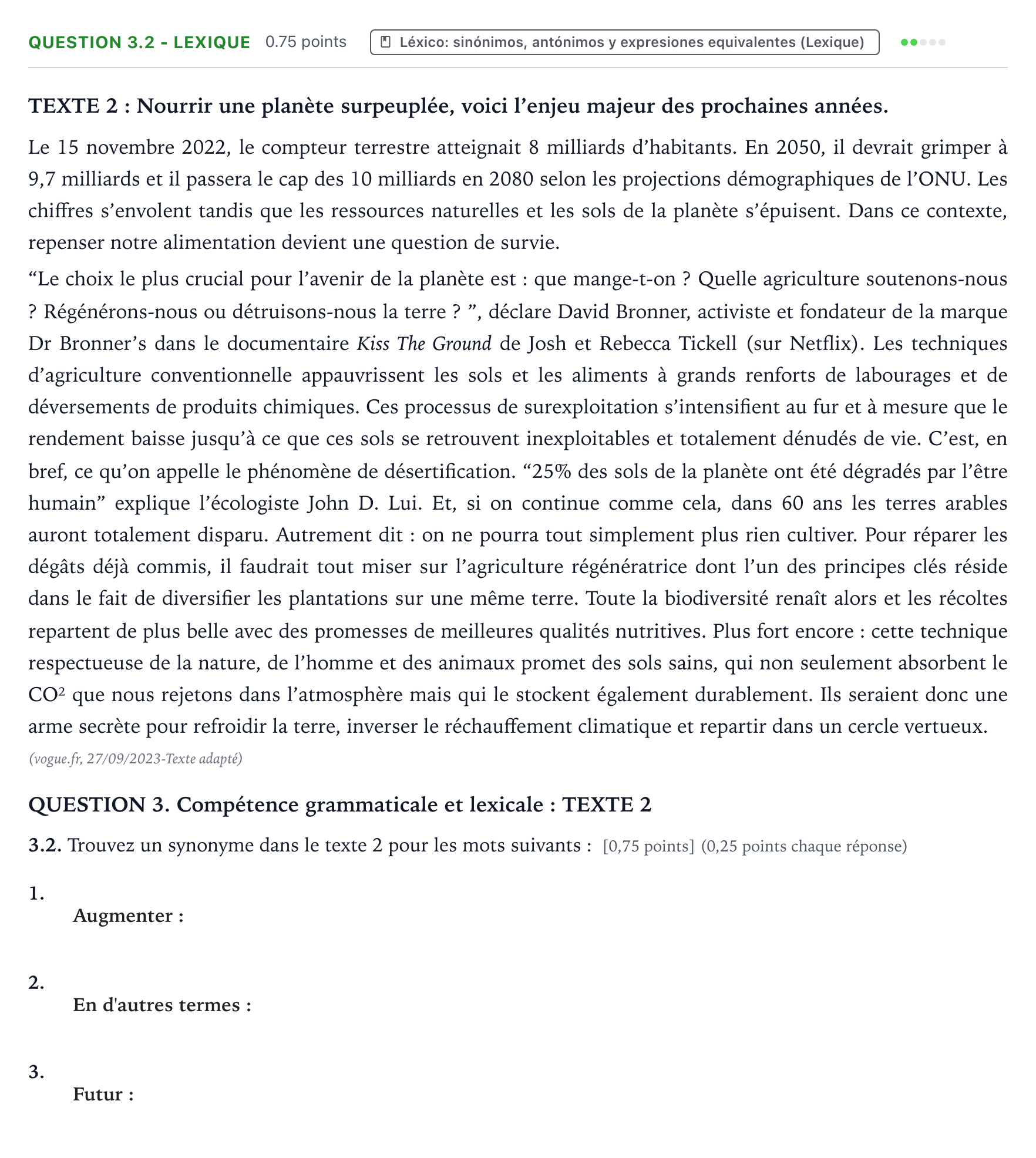 Enunciado: Question 3.2 - Lexique · Francés PAU Galicia Ordinaria 2024