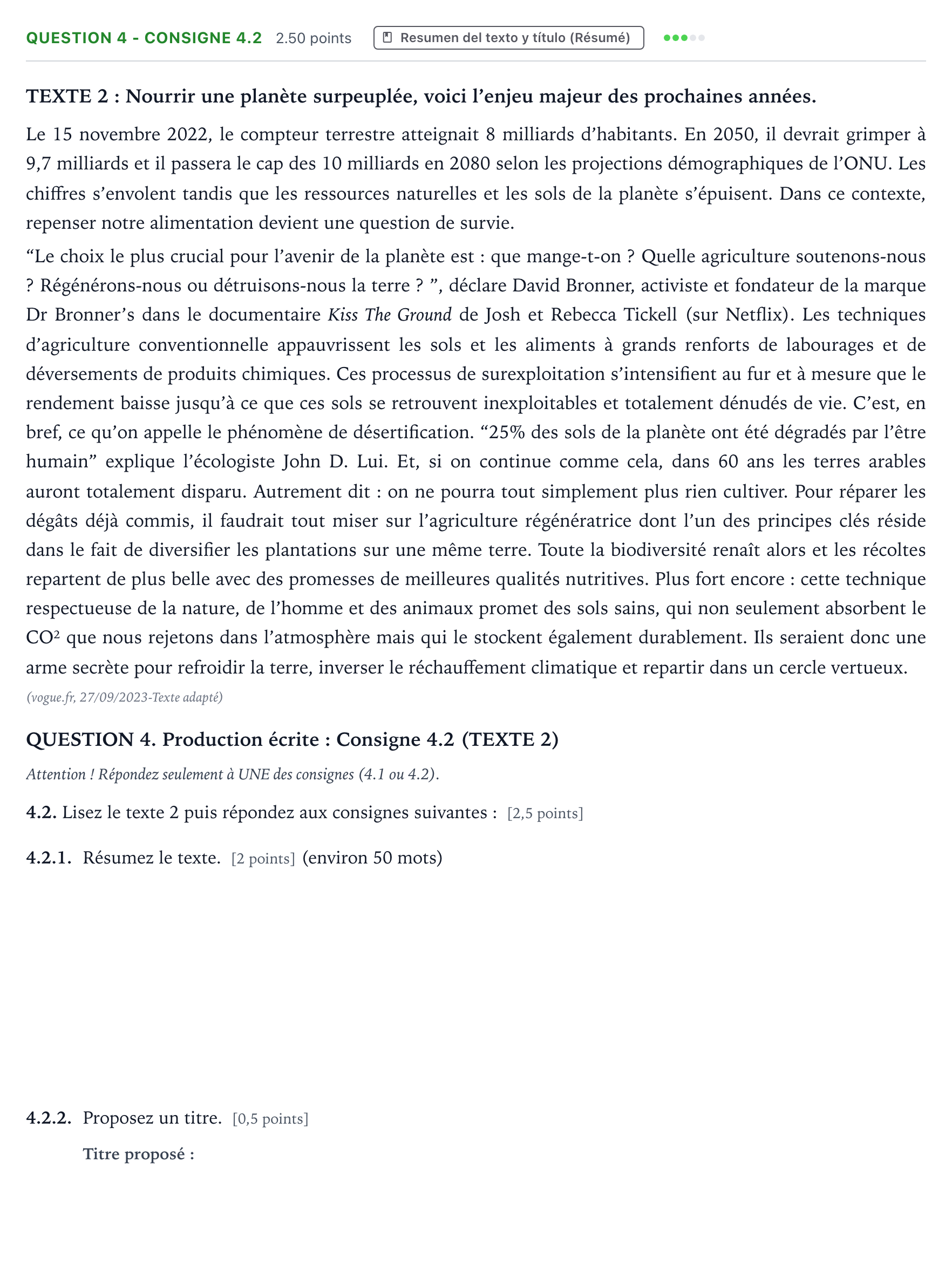Enunciado: Question 4 - Consigne 4.2 · Francés PAU Galicia Ordinaria 2024