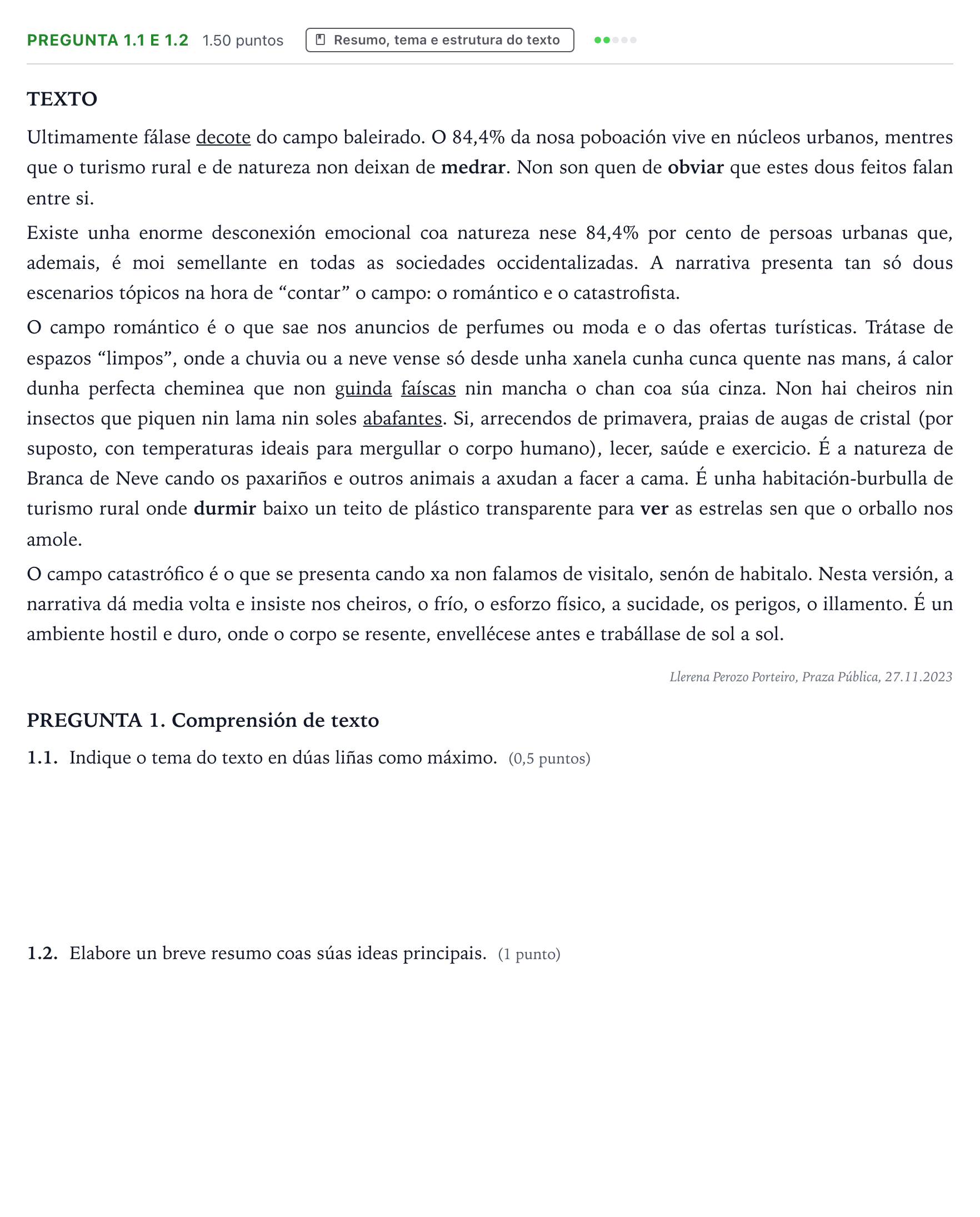 Enunciado: Pregunta 1.1 e 1.2 · Lingua Galega e Literatura II PAU Galicia Extraordinaria 2024