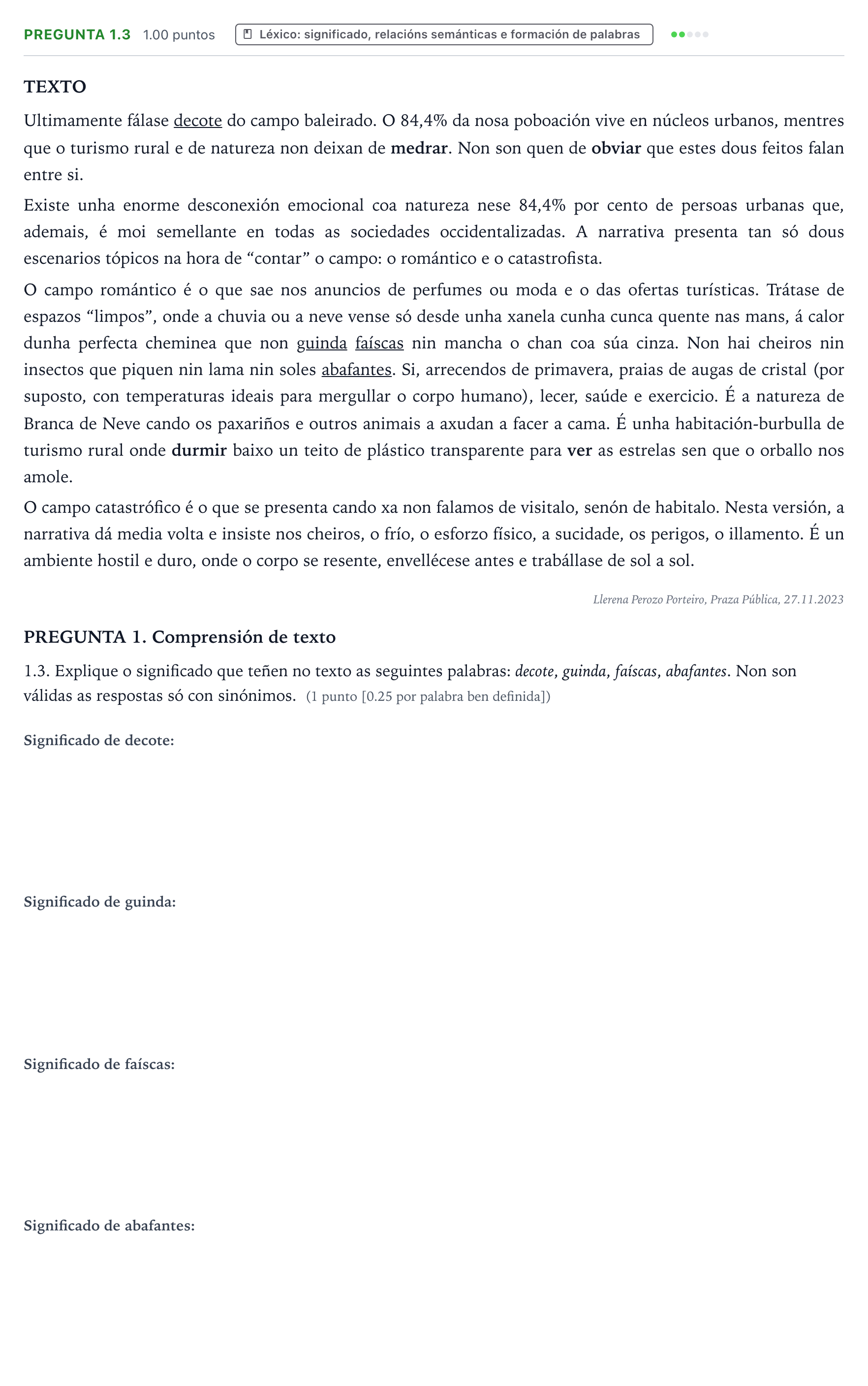 Enunciado: Pregunta 1.3 · Lingua Galega e Literatura II PAU Galicia Extraordinaria 2024