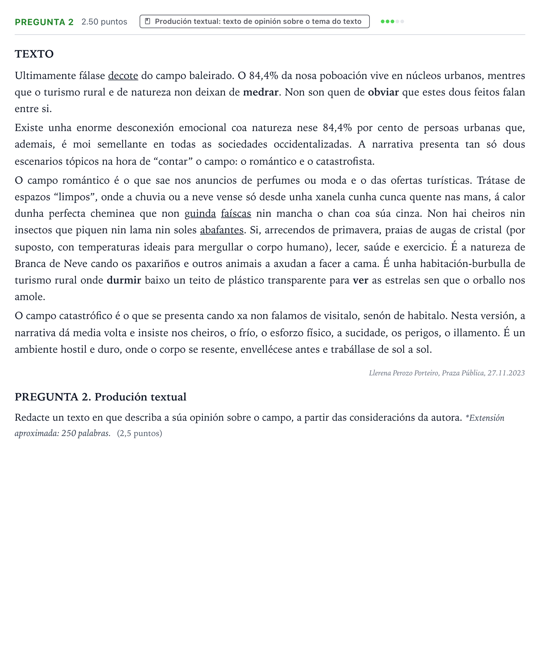 Enunciado: Pregunta 2 · Lingua Galega e Literatura II PAU Galicia Extraordinaria 2024