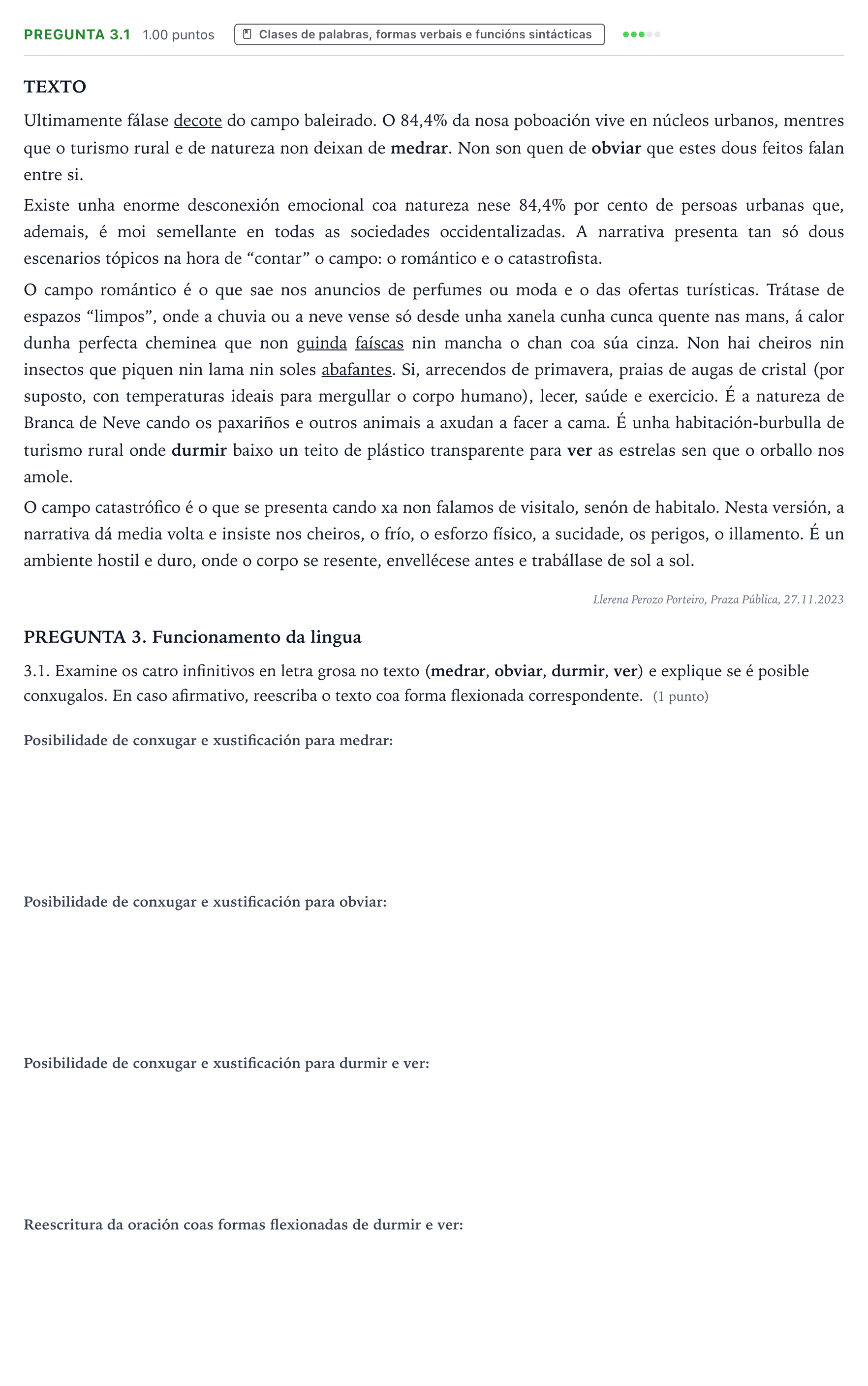 Enunciado: Pregunta 3.1 · Lingua Galega e Literatura II PAU Galicia Extraordinaria 2024
